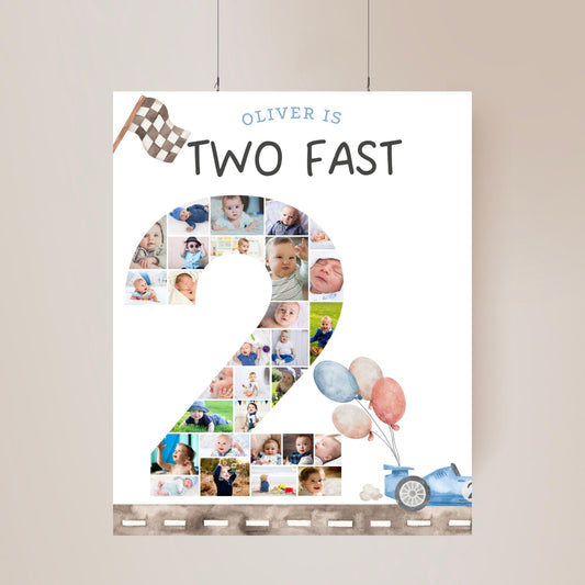 Two Fast Birthday Sign Photo Collage Editable Race Car Party Two Fast Two Curious 2nd Birthday Photo Banner Milestone photo sign