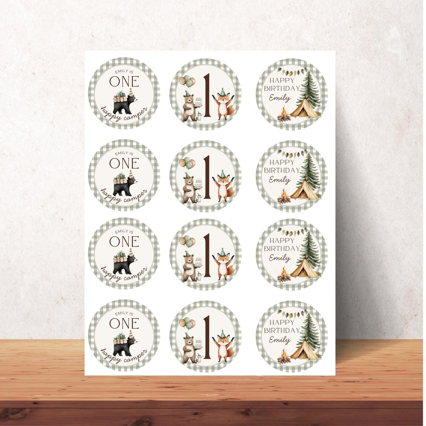 One Happy Camper Birthday Party Cupcake Toppers Editable Cake topper Camping themed Party Woodland First 1st Birthday Party Wild One