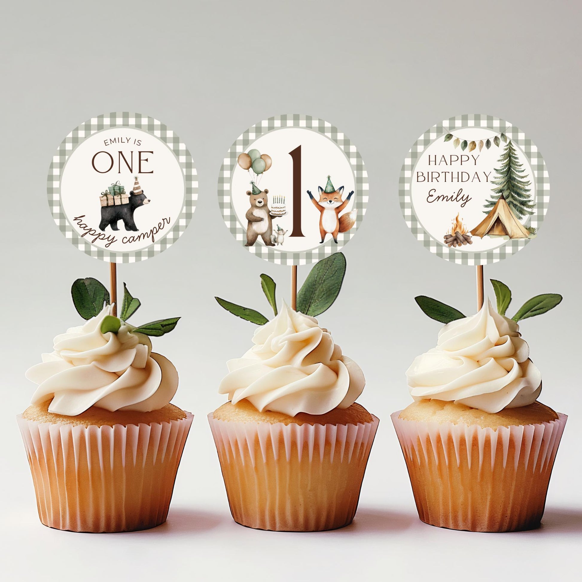 One Happy Camper Birthday Party Cupcake Toppers Editable Cake topper Camping themed Party Woodland First 1st Birthday Party Wild One