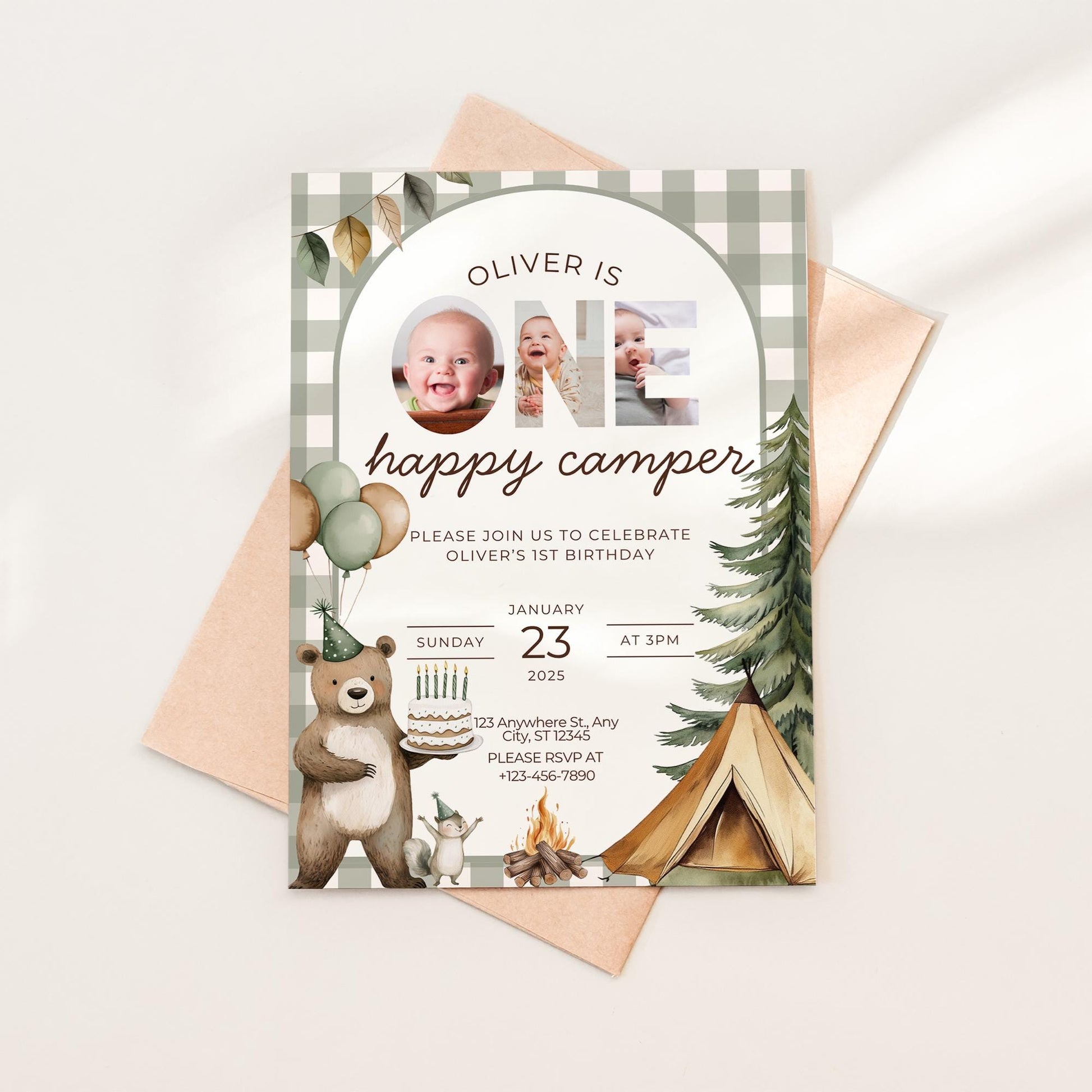 One Happy Camper Birthday Invitation Camping 1st Birthday Invite Boy Happy Camper 1st Birthday Woodland Party Evite Boy Happy Camper Decor