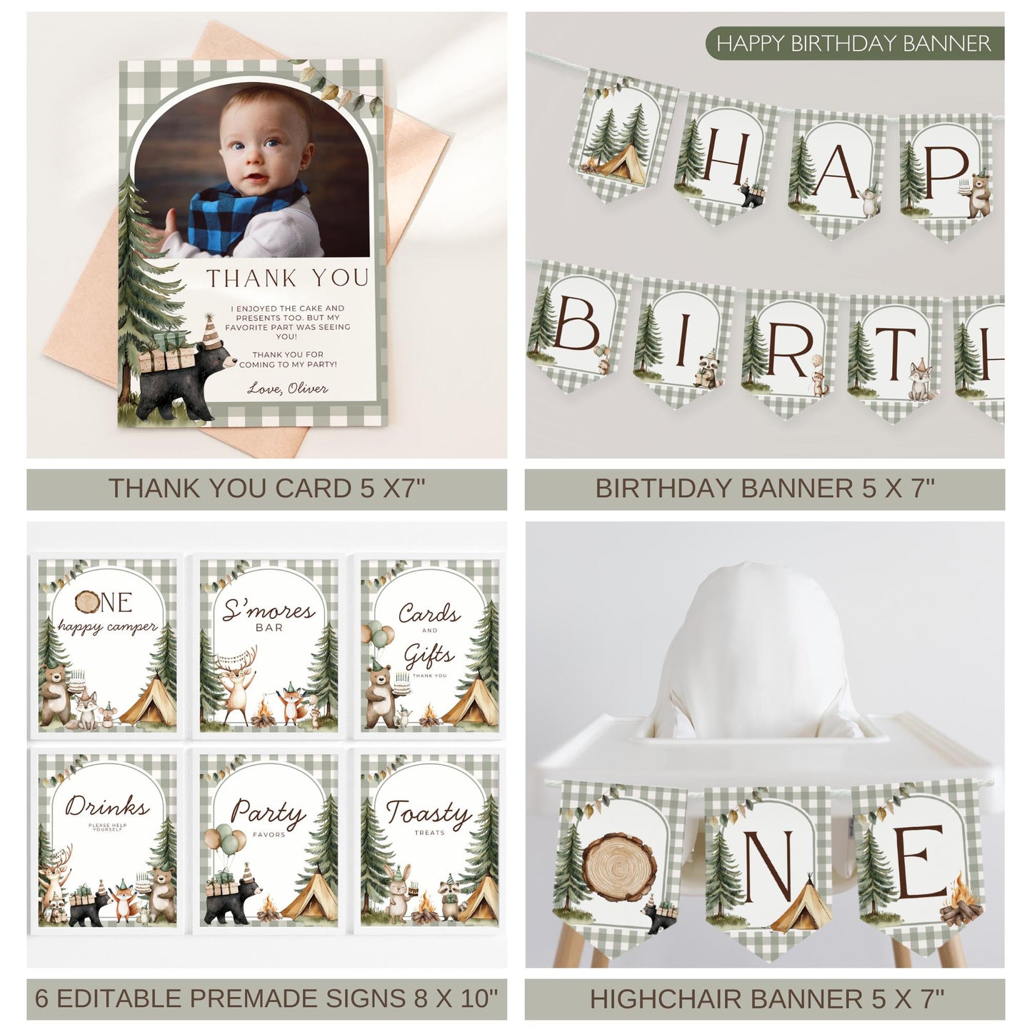 One Happy Camper Birthday Invite Camping First Birthday Party Decor Woodland 1st Birthday Bundle Lumberjack Theme Party Wild One Birthday