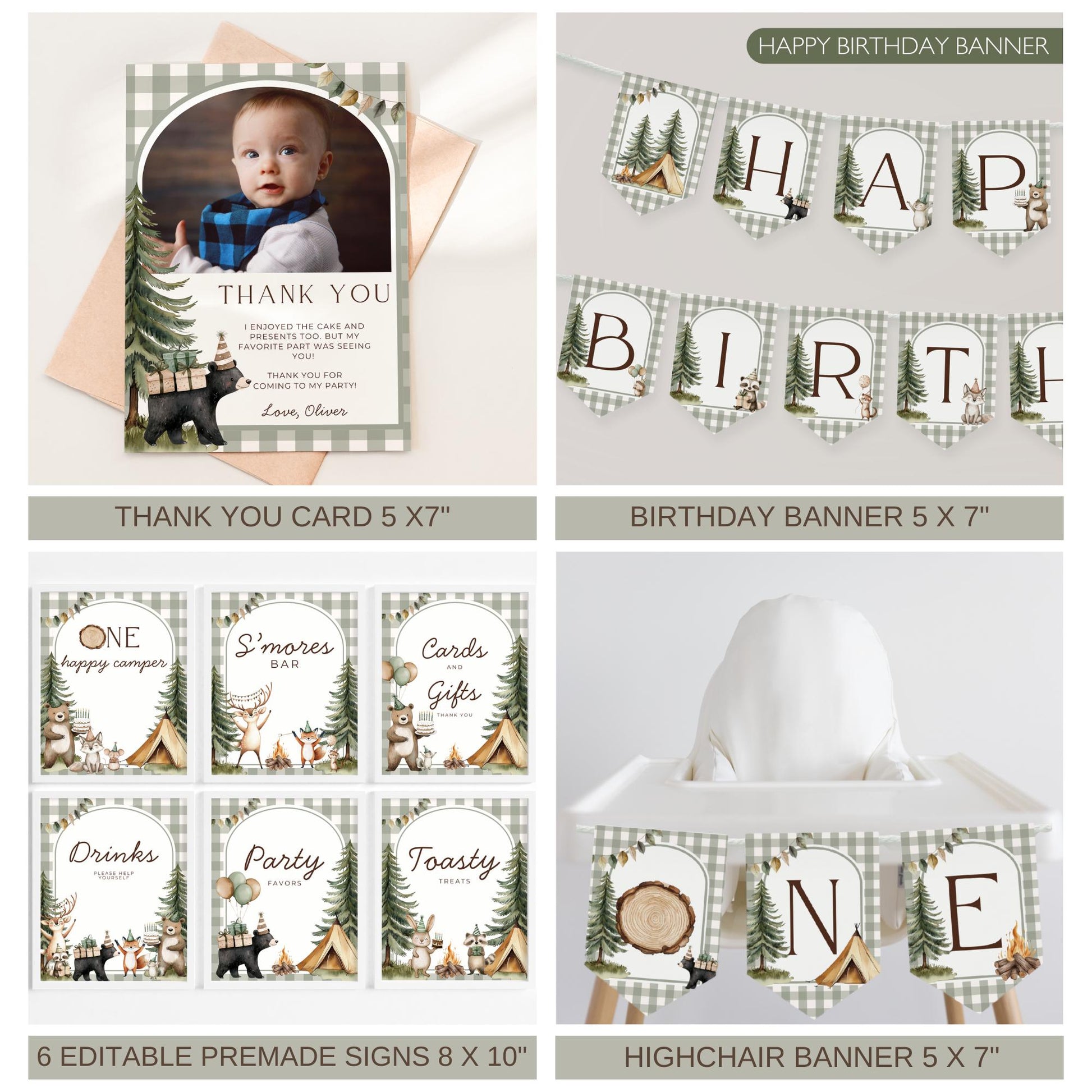One Happy Camper Birthday Invite Camping First Birthday Party Decor Woodland 1st Birthday Bundle Lumberjack Theme Party Wild One Birthday