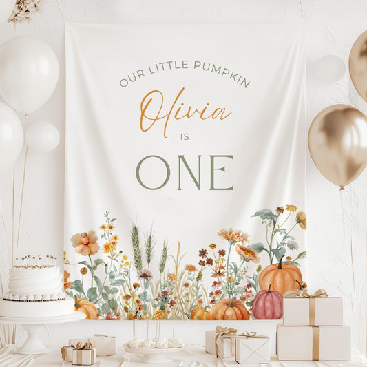 Our little pumpkin is One Birthday Personalized Banner Girl 1st Birthday Autumn Party Decor Photo Backdrop Wildflower Custom Banner