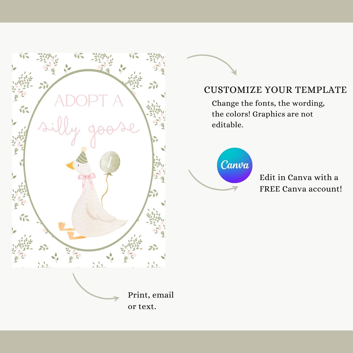 Adopt a Goose Sign, Silly Goose Birthday Party Favor, Editable Printable Certificate, Instant Download Decor