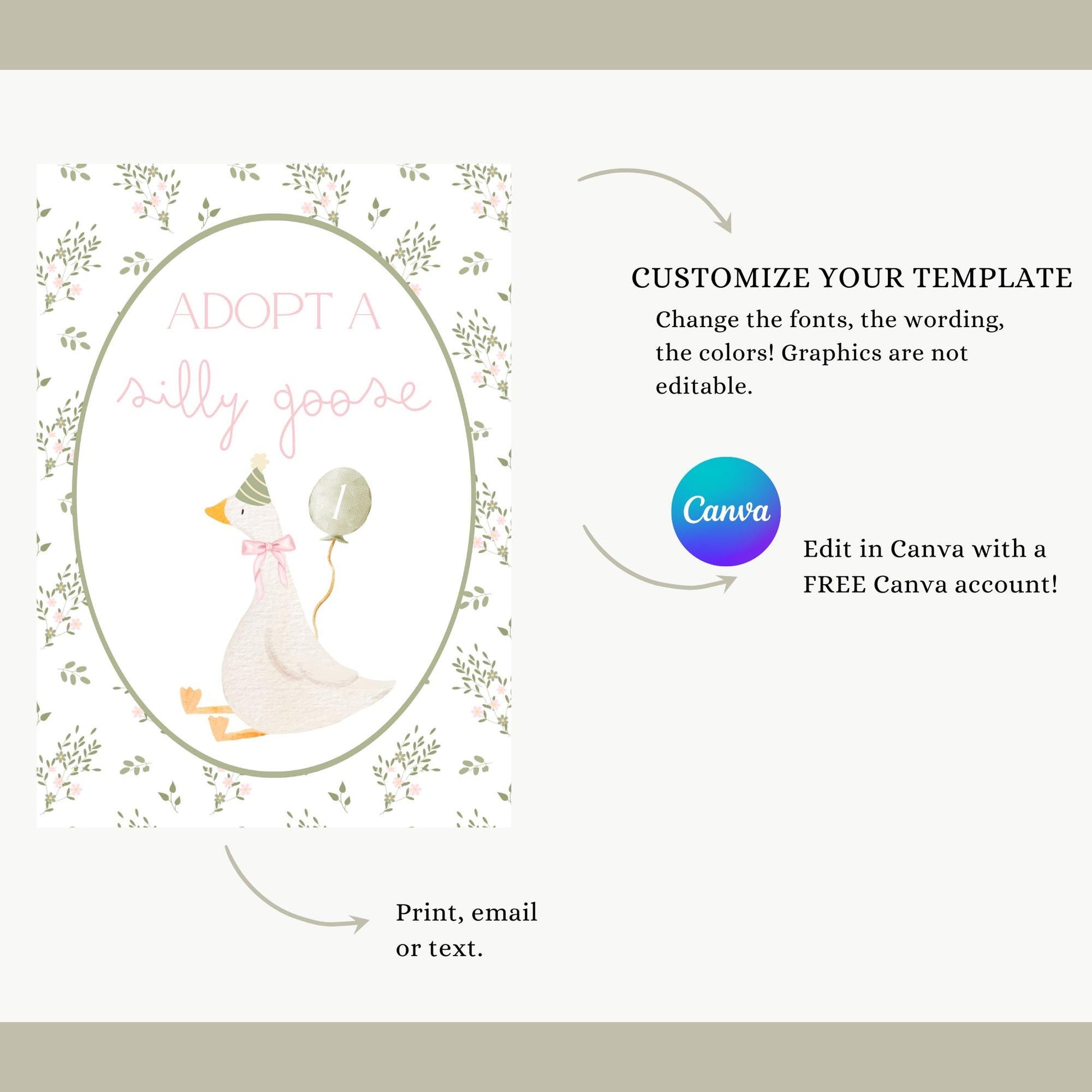 Adopt a Goose Sign, Silly Goose Birthday Party Favor, Editable Printable Certificate, Instant Download Decor