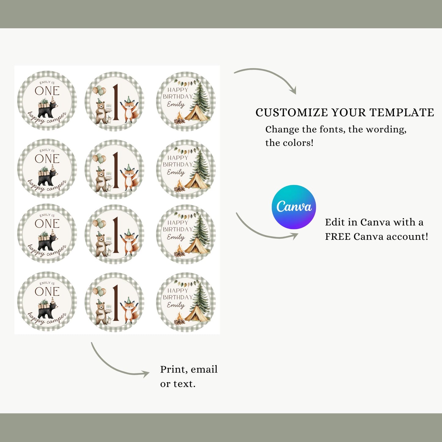 One Happy Camper Birthday Party Cupcake Toppers Editable Cake topper Camping themed Party Woodland First 1st Birthday Party Wild One
