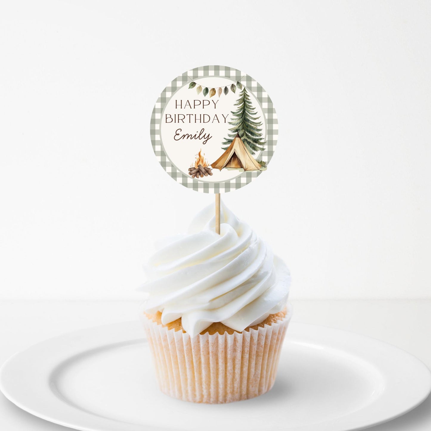 One Happy Camper Birthday Party Cupcake Toppers Editable Cake topper Camping themed Party Woodland First 1st Birthday Party Wild One