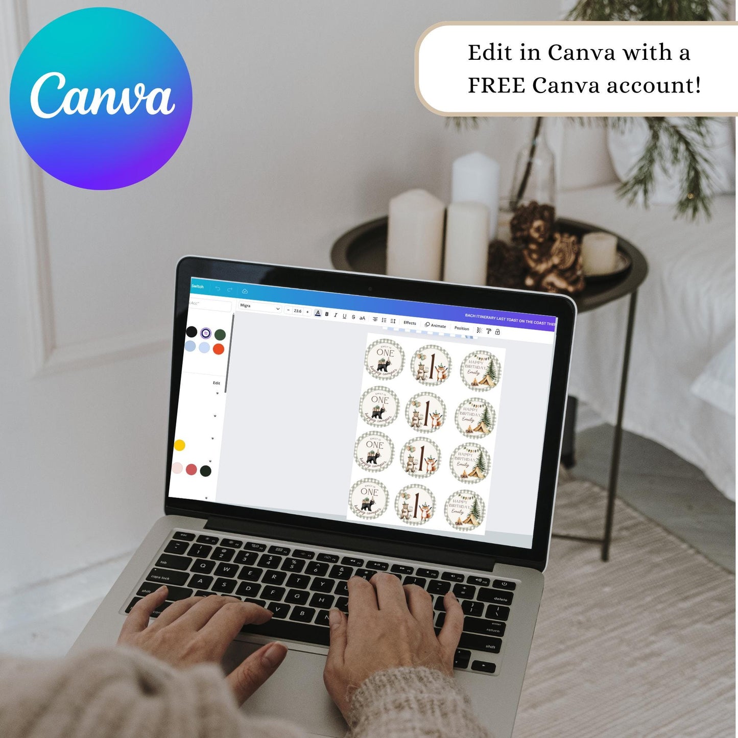 One Happy Camper Birthday Party Cupcake Toppers Editable Cake topper Camping themed Party Woodland First 1st Birthday Party Wild One