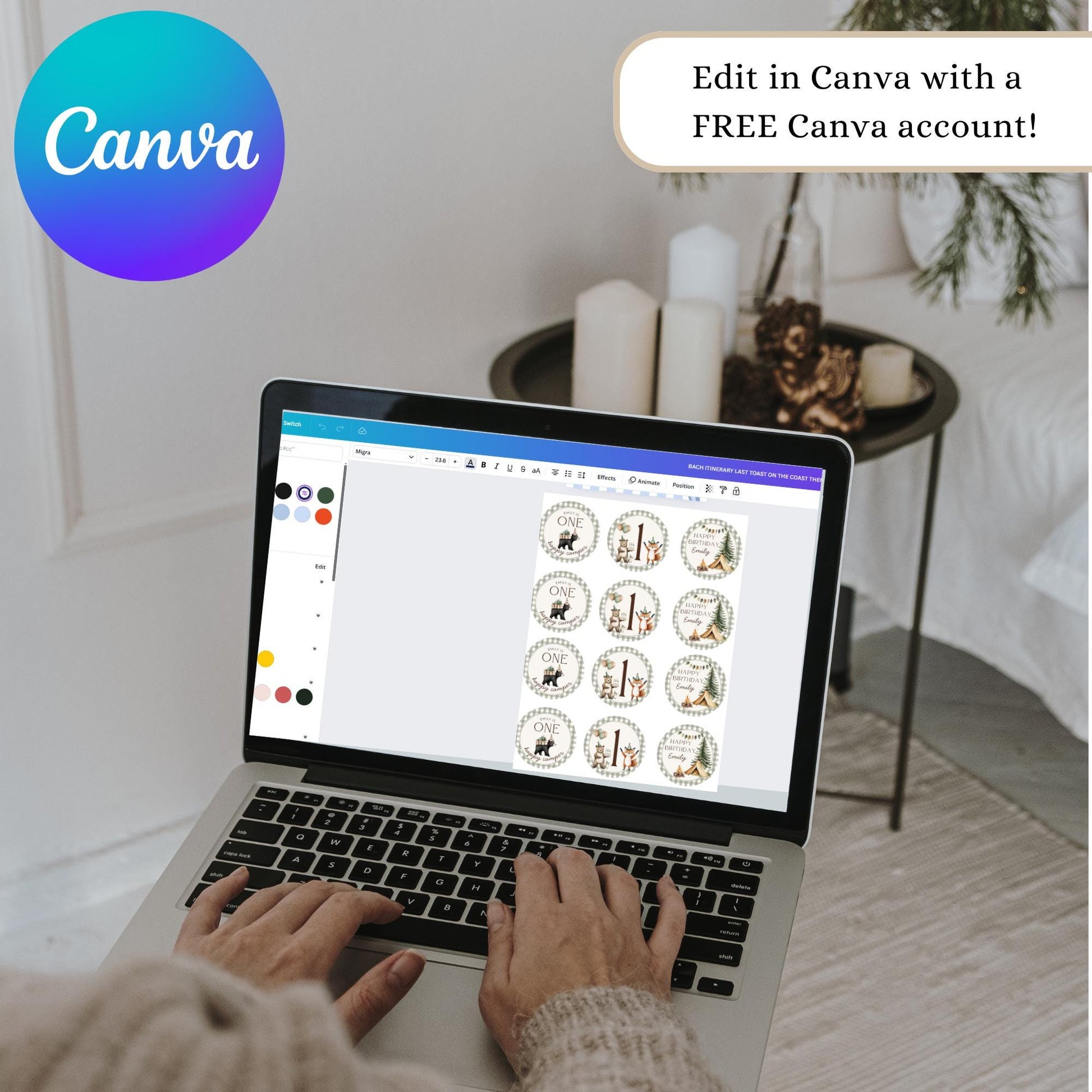 One Happy Camper Birthday Party Cupcake Toppers Editable Cake topper Camping themed Party Woodland First 1st Birthday Party Wild One