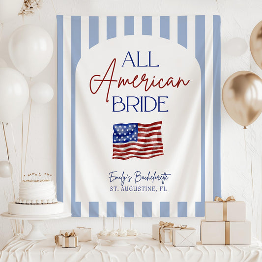 All American Bride Bachelorette Banner Red White and Blue Party Decor Patriotic Themed Sign 4th of July Bach Weekend Backdrop USA Bach Party
