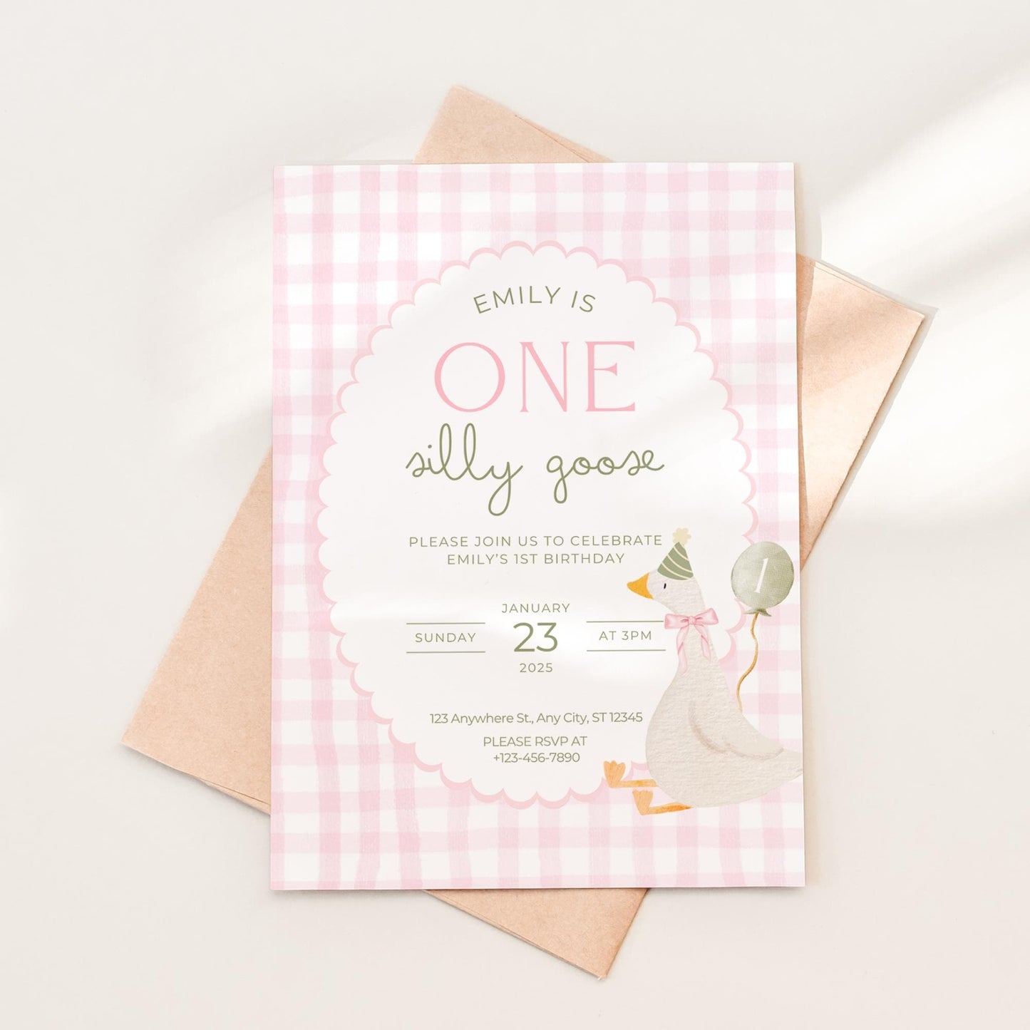 One Silly Goose Birthday Invite Pink Gingham First Birthday 1st Birthday Silly Goose Decor Editable  Invitation Nursery Rhyme Birthday