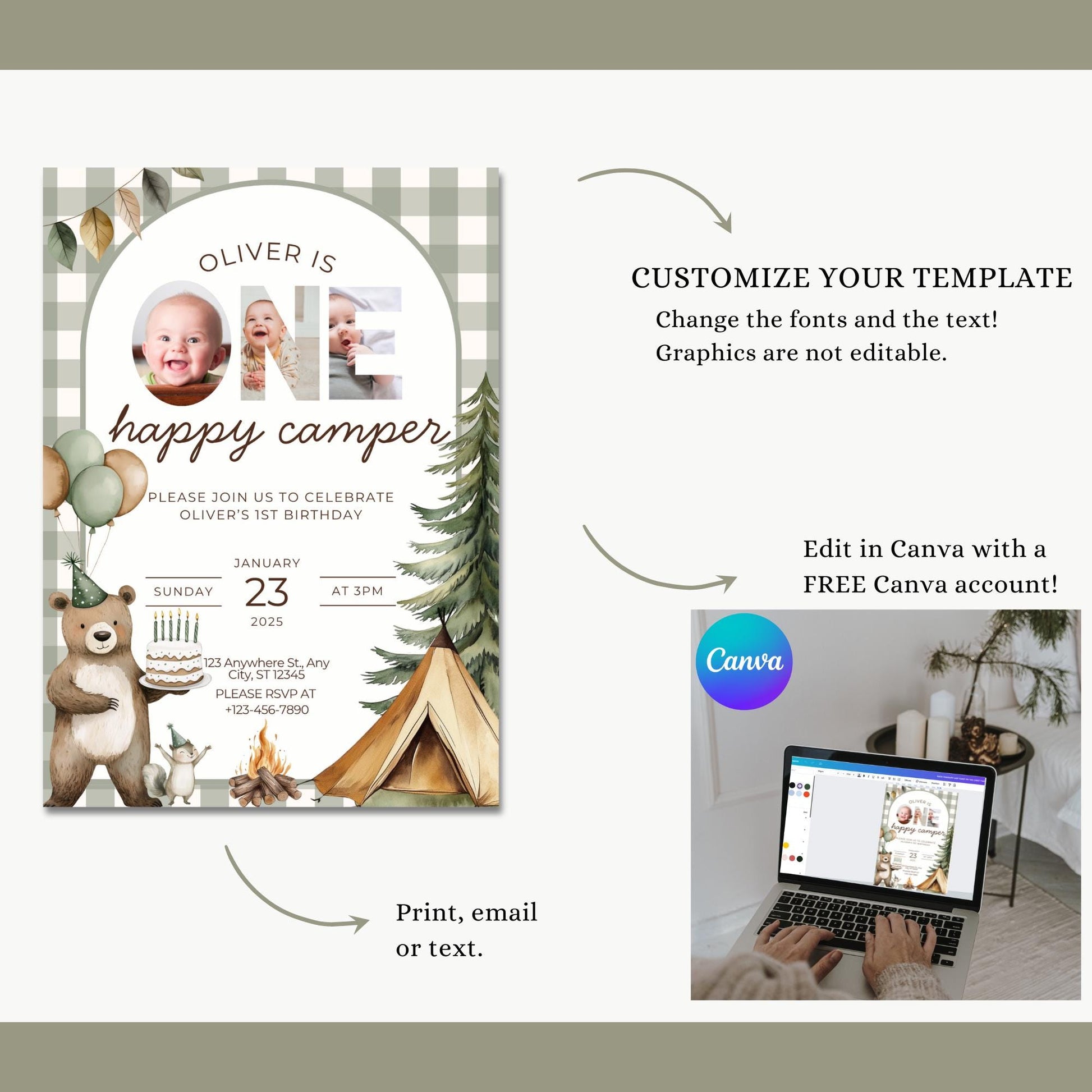 One Happy Camper Birthday Invitation Camping 1st Birthday Invite Boy Happy Camper 1st Birthday Woodland Party Evite Boy Happy Camper Decor