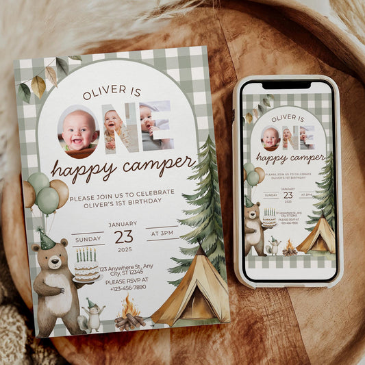 One Happy Camper Birthday Invitation Camping 1st Birthday Invite Boy Happy Camper 1st Birthday Woodland Party Evite Boy Happy Camper Decor