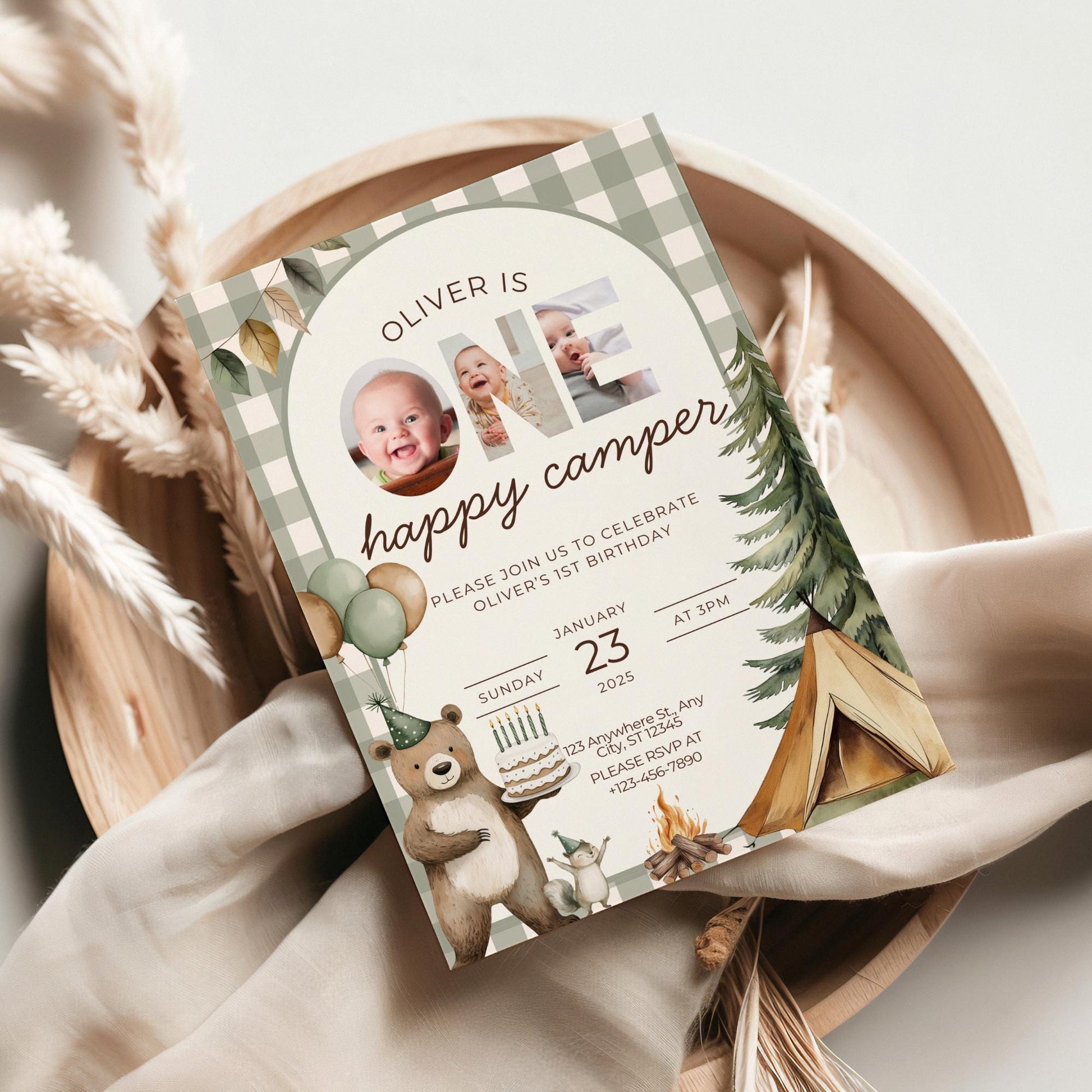 One Happy Camper Birthday Invitation Camping 1st Birthday Invite Boy Happy Camper 1st Birthday Woodland Party Evite Boy Happy Camper Decor