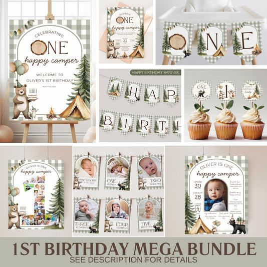 One Happy Camper Birthday Invite Camping First Birthday Party Decor Woodland 1st Birthday Bundle Lumberjack Theme Party Wild One Birthday