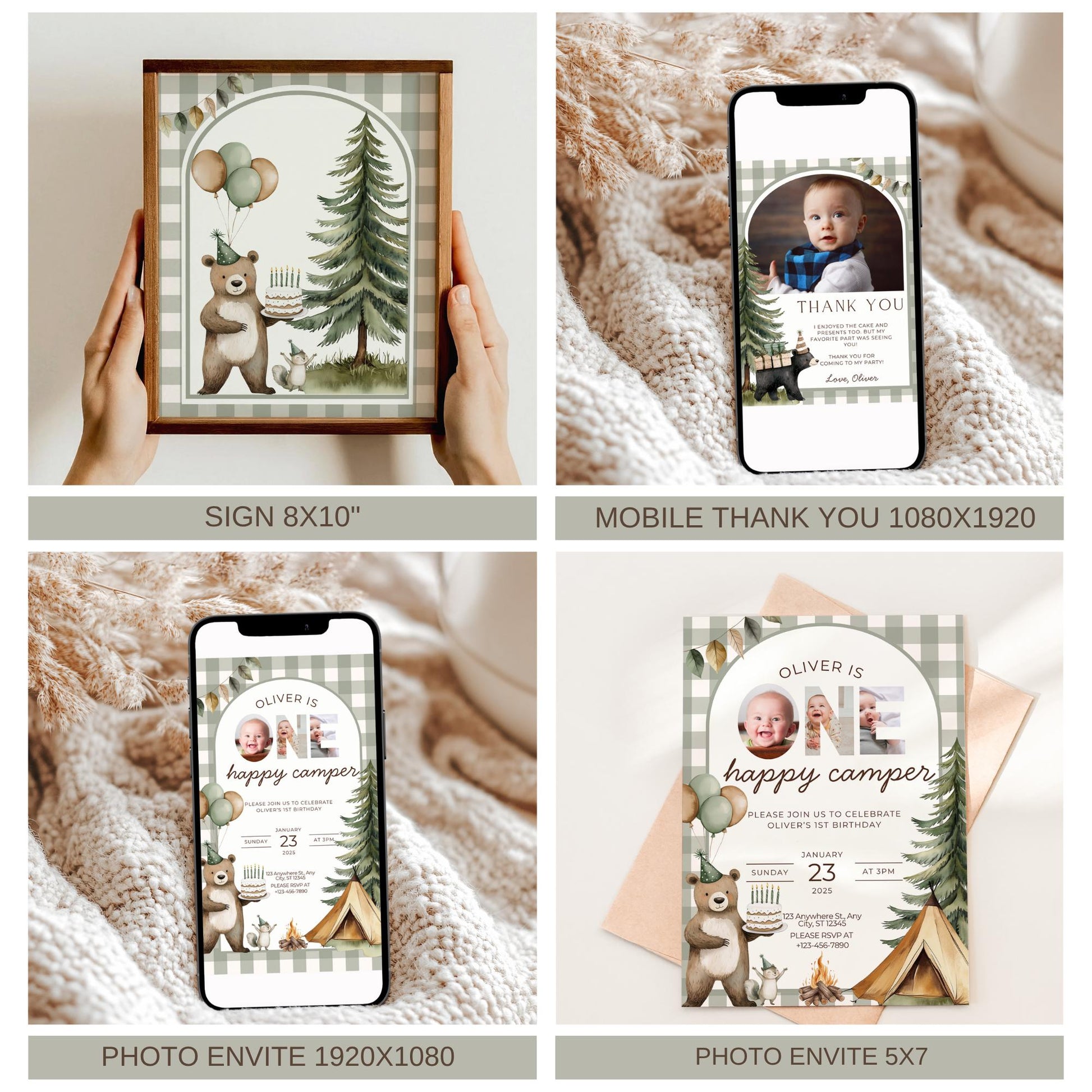 One Happy Camper Birthday Invite Camping First Birthday Party Decor Woodland 1st Birthday Bundle Lumberjack Theme Party Wild One Birthday