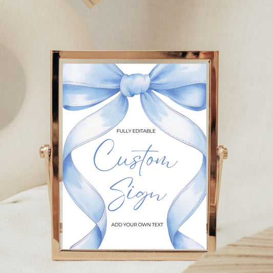 Blue Bow Custom Sign Template Editable Baby Shower Sign Favors Coquette Aesthetic Gifts Sign Printable Table Signs Ribbon Girl Baby Shower