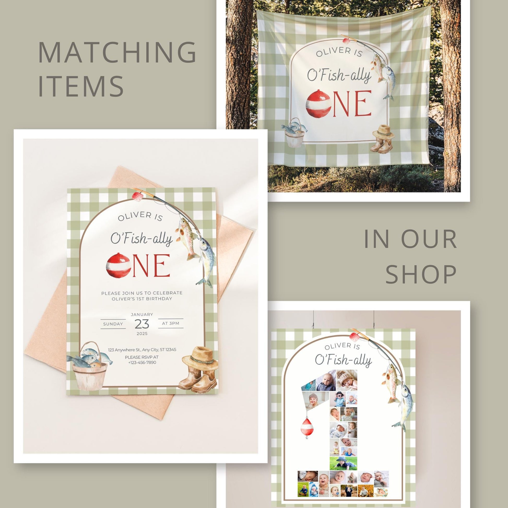 OFishally One Birthday Photo Milestone Banner Gingham Fishing 1st Birthday Bunting Banner Editable Template Monthly Milestone Photo Collage