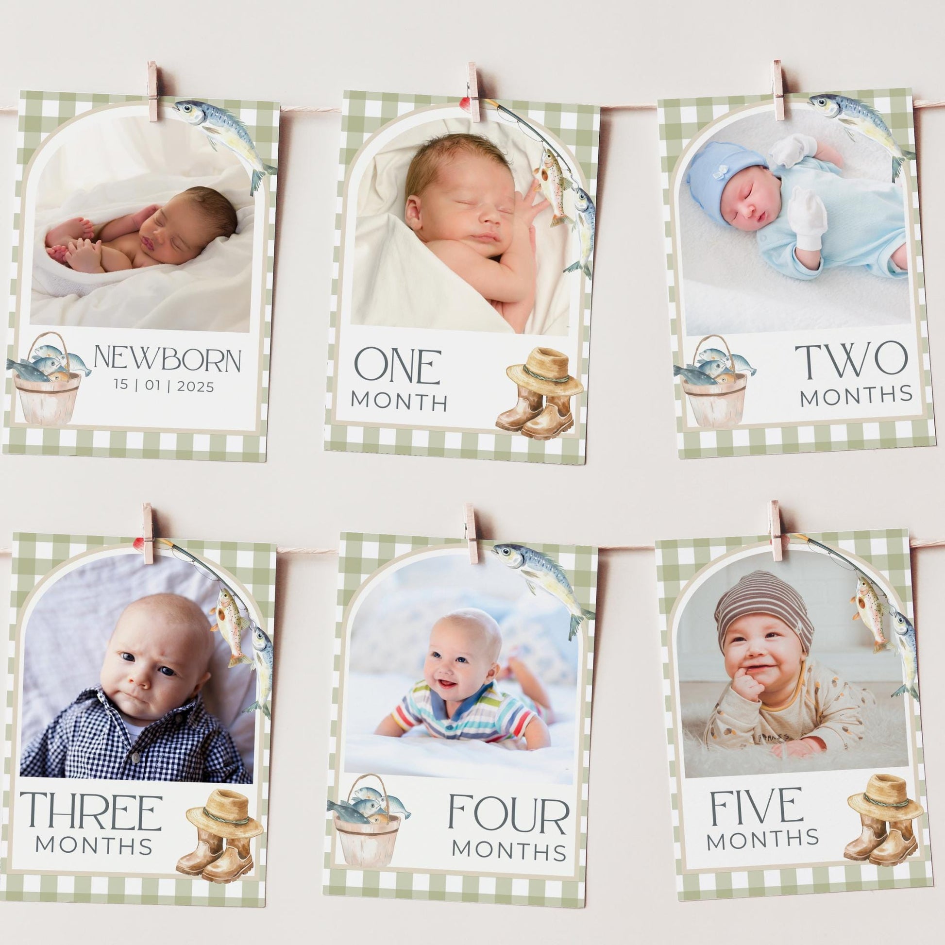 OFishally One Birthday Photo Milestone Banner Gingham Fishing 1st Birthday Bunting Banner Editable Template Monthly Milestone Photo Collage