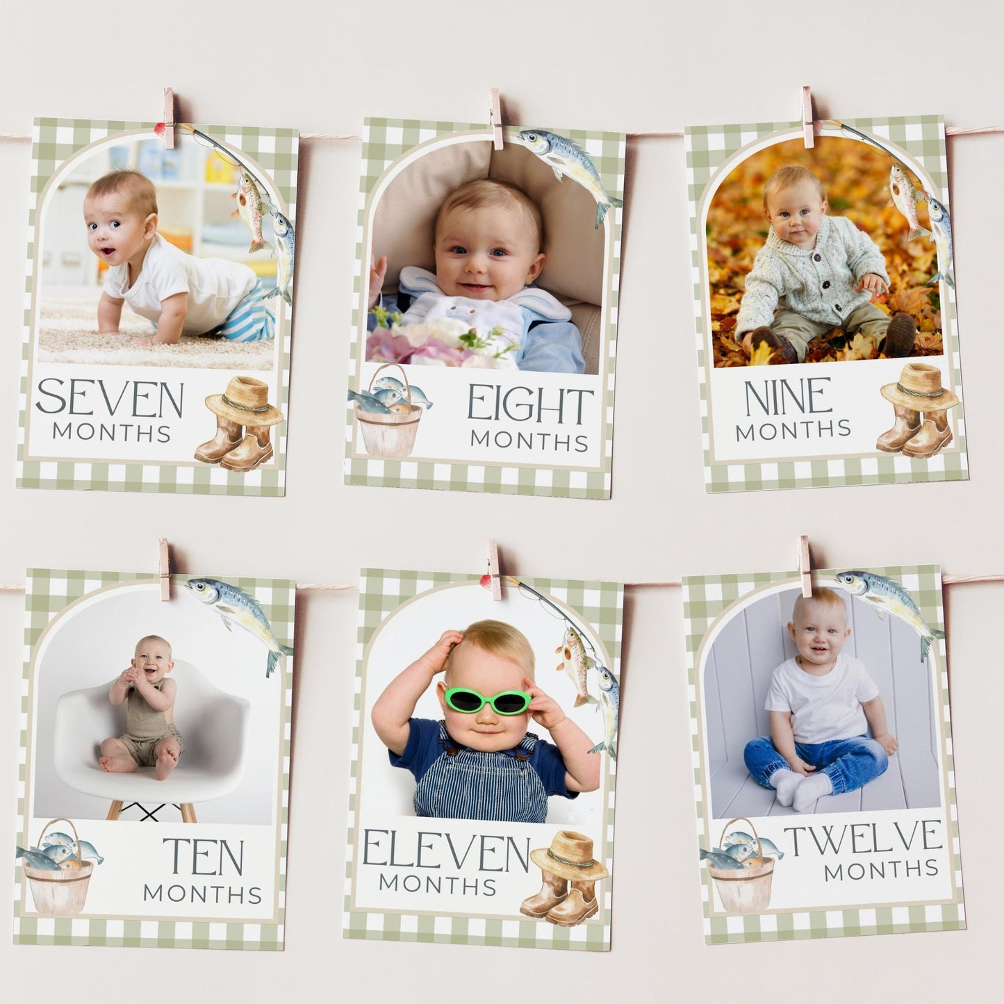 OFishally One Birthday Photo Milestone Banner Gingham Fishing 1st Birthday Bunting Banner Editable Template Monthly Milestone Photo Collage