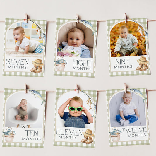 OFishally One Birthday Photo Milestone Banner Gingham Fishing 1st Birthday Bunting Banner Editable Template Monthly Milestone Photo Collage