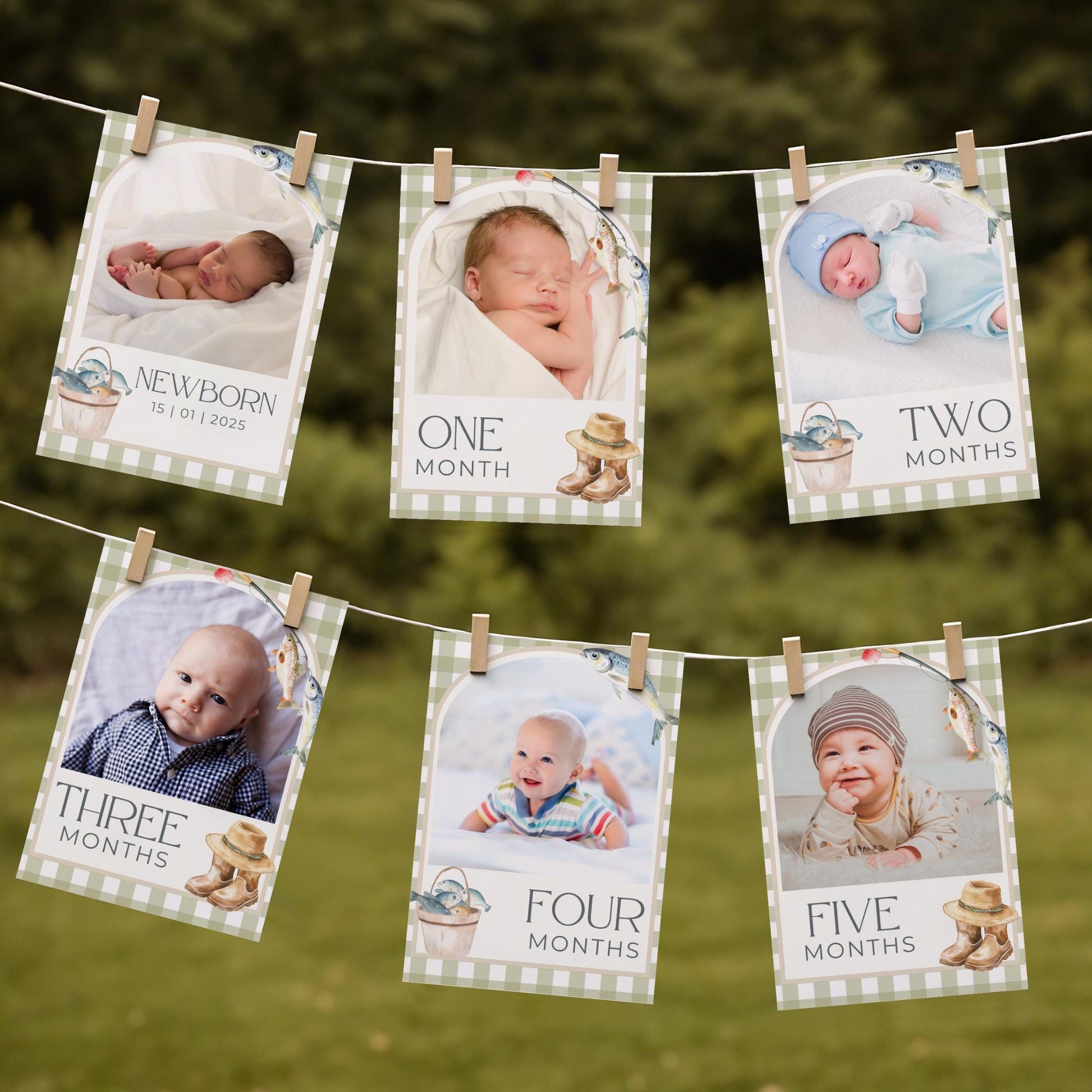 OFishally One Birthday Photo Milestone Banner Gingham Fishing 1st Birthday Bunting Banner Editable Template Monthly Milestone Photo Collage