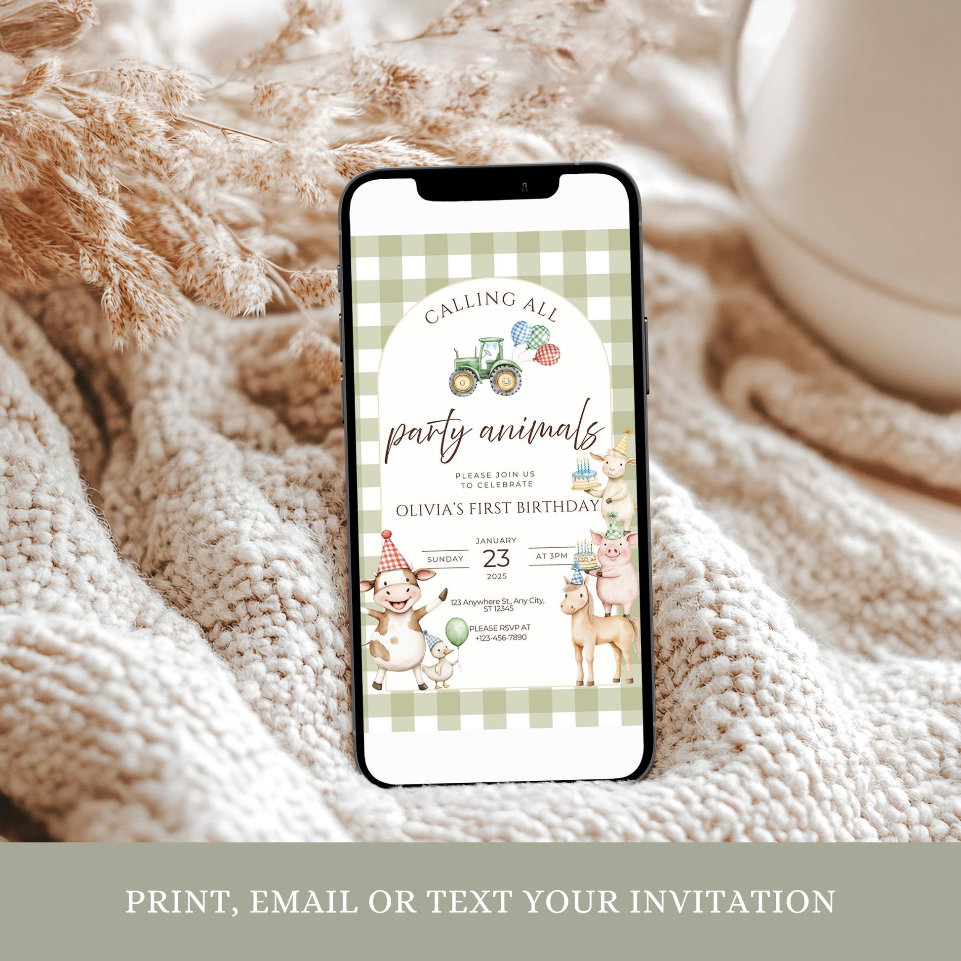 Farm Animals Birthday Party Invitation Template Barnyard Party Digital Download Farm Birthday Invitation with Watercolor Animals First Birthday Country Theme Template Party Animals Birthday Design with Tractor Custom Layout Digital Set