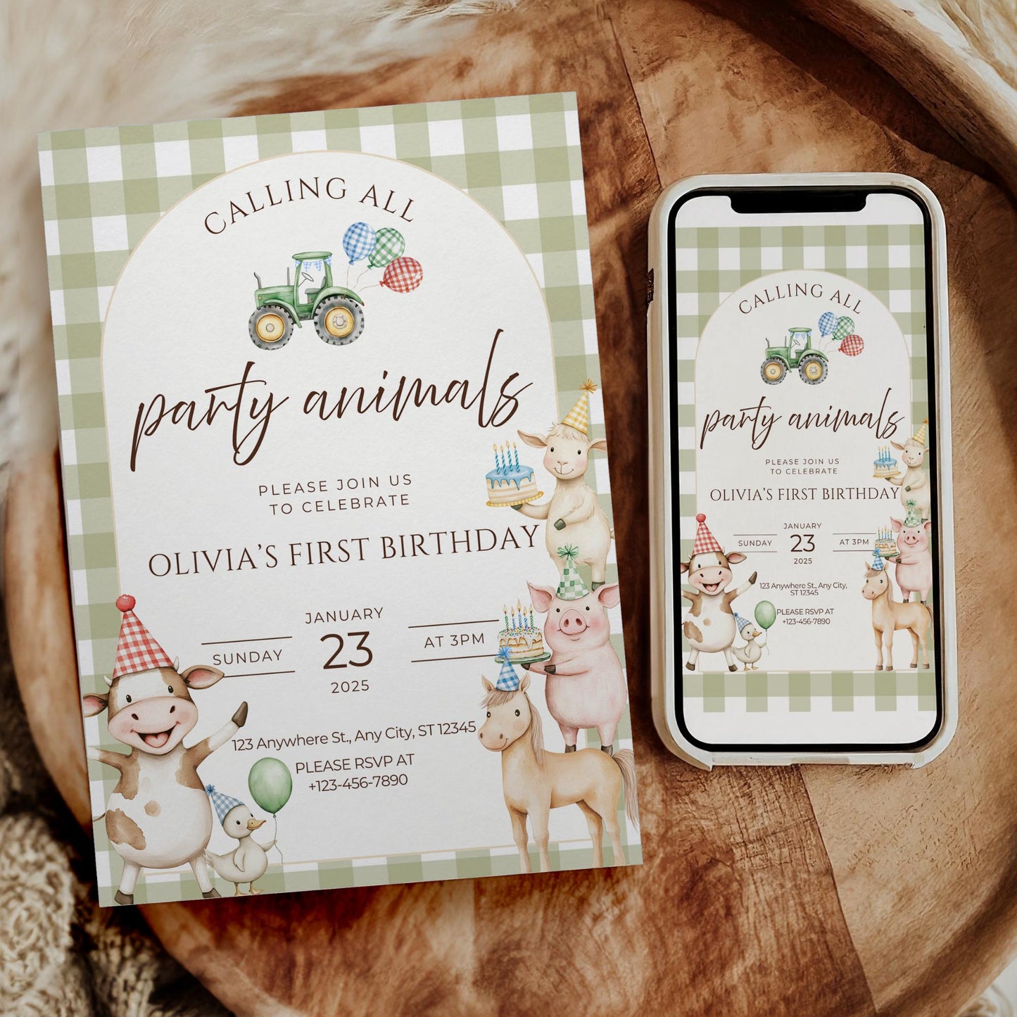 Farm Animals Birthday Digital Party TemplateFarm Birthday InvitationBarnyard Party Invitation with Watercolor AnimalsParty Animals Birthday DesignGreen Tractor AccentGingham Pattern BackgroundPerfect Country Birthday Party TemplateFirst