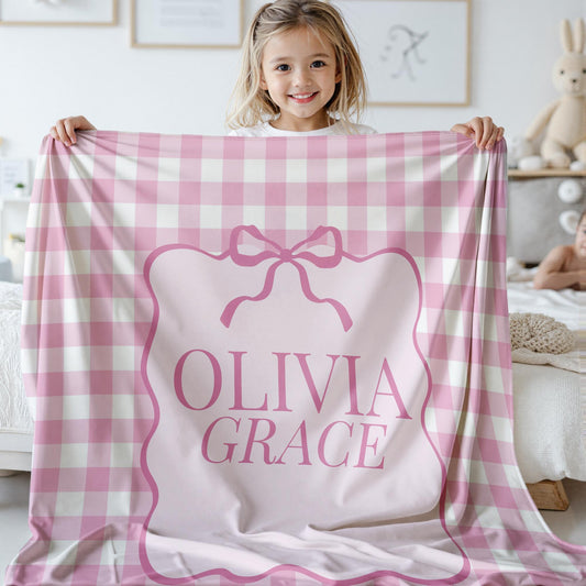 Personalized Name Fleece Blanket for Girl, Gingham Design with Coquette Bow, Custom Gift