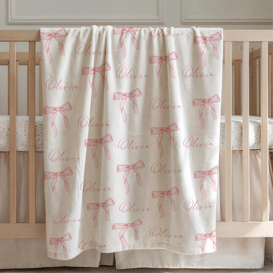 Pink Bow Personalized Blanket Baby Girl Coquette Blanket Gingham Baby Blanket Custom Baby Gift Girl Baby Shower Gift New Baby Girl Gift