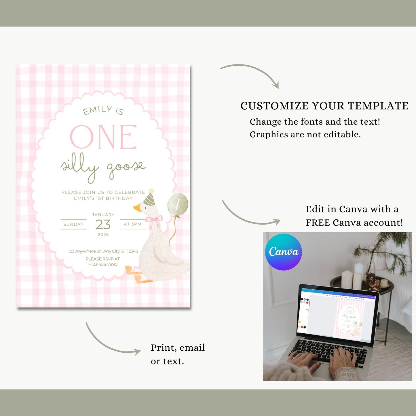 One Silly Goose Birthday Invite Vintage Floral First Birthday 1st Birthday Silly Goose Decor Editable  Invitation Nursery Rhyme Birthday