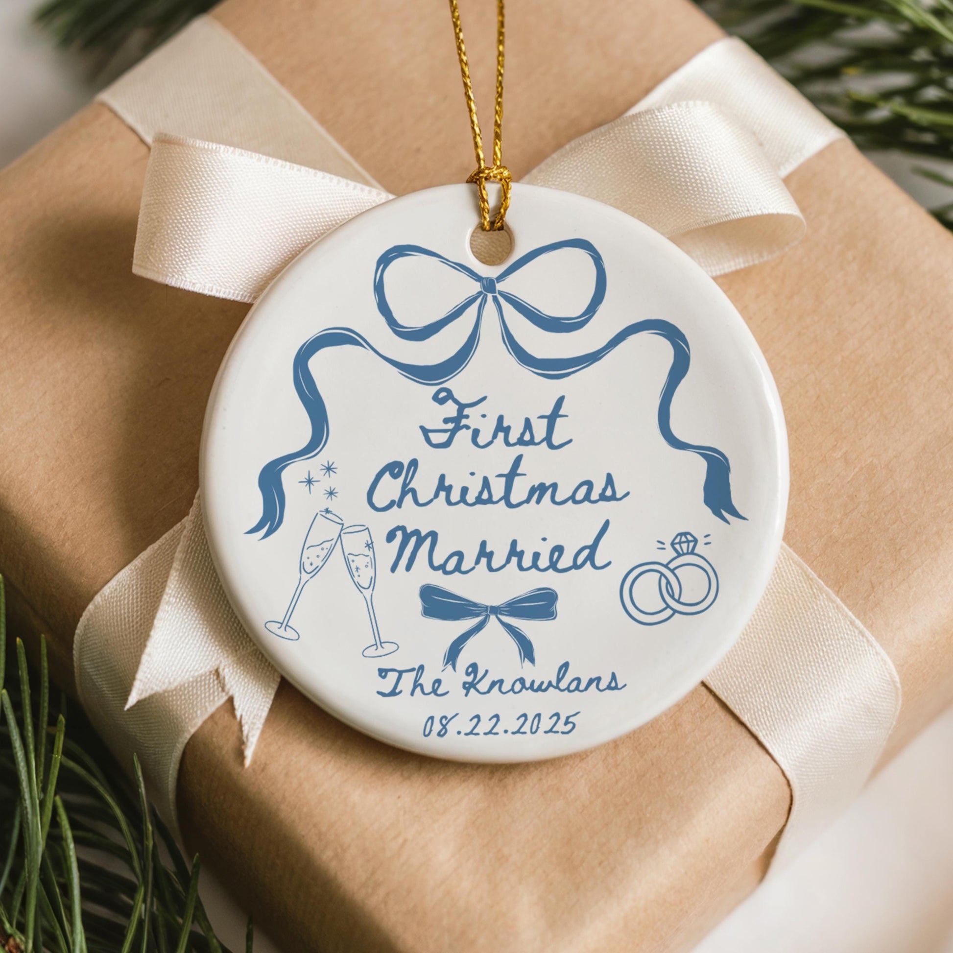 Custom First Christmas Married Ornament 1st Anniversary Gift Personalized Holiday Couple Gift Coquette Bow Holiday Newlywed Wedding Gift