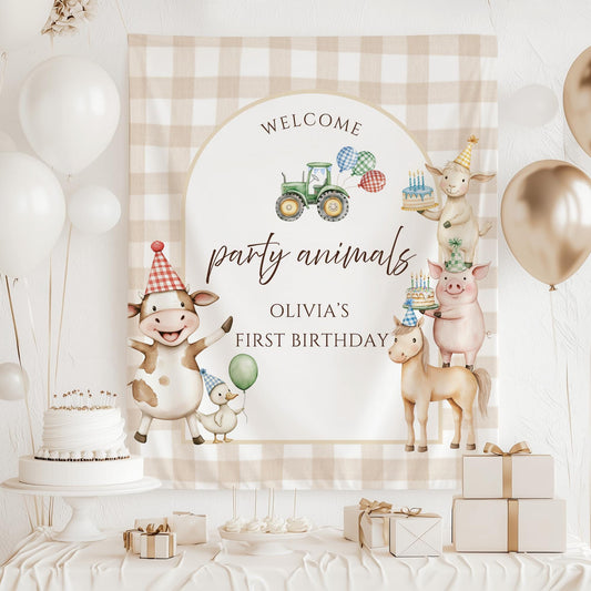 Farm Animal Birthday Welcome Sign Tapestry Calling All Party Animals Sign Barnyard Birthday Party Decor Farm Theme 1st Birthday Backdrop