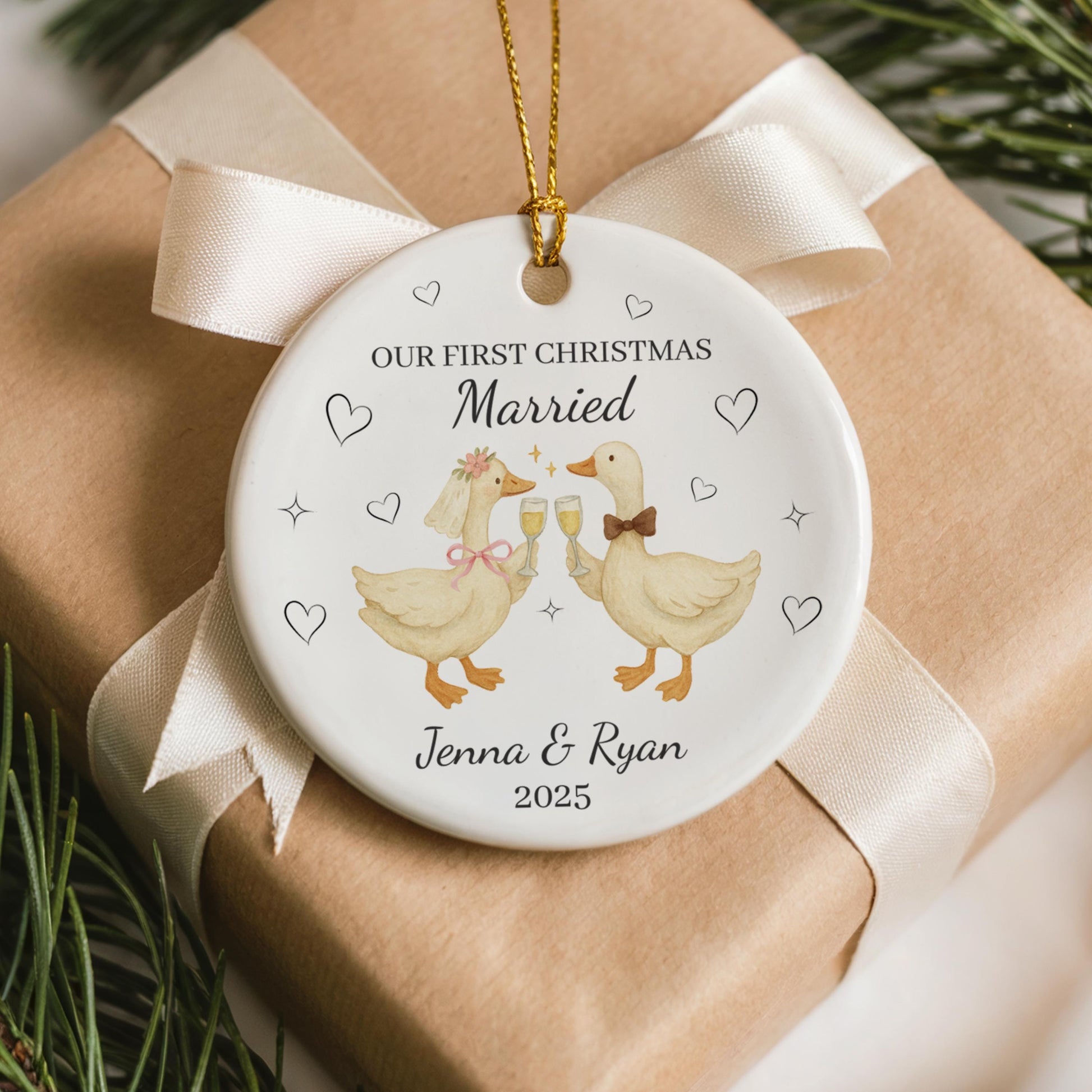 First Christmas Married Ornament 2025 Funny Goose Newlywed Ceramic Ornament Silly Goose Couple Christmas Gift