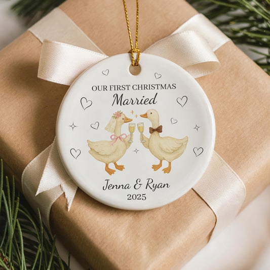 First Christmas Married Ornament 2025 Funny Goose Newlywed Ceramic Ornament Silly Goose Couple Christmas Gift