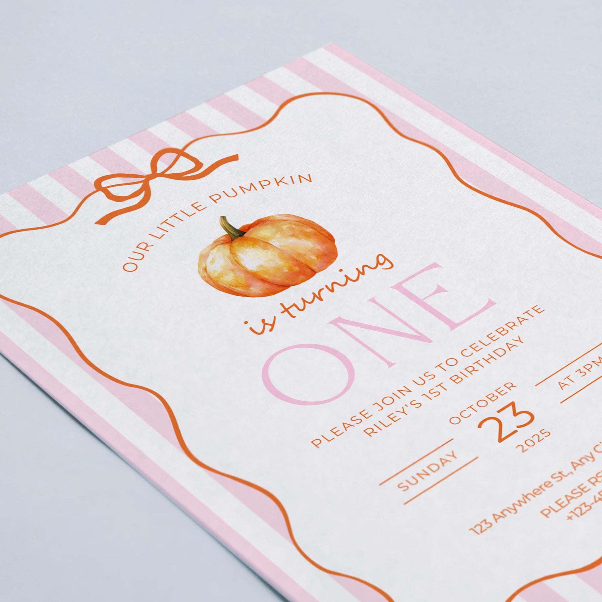 Our little pumpkin is turning one invitation, Digital Editable Birthday Invite, Pink Pumpkin Fall Celebration