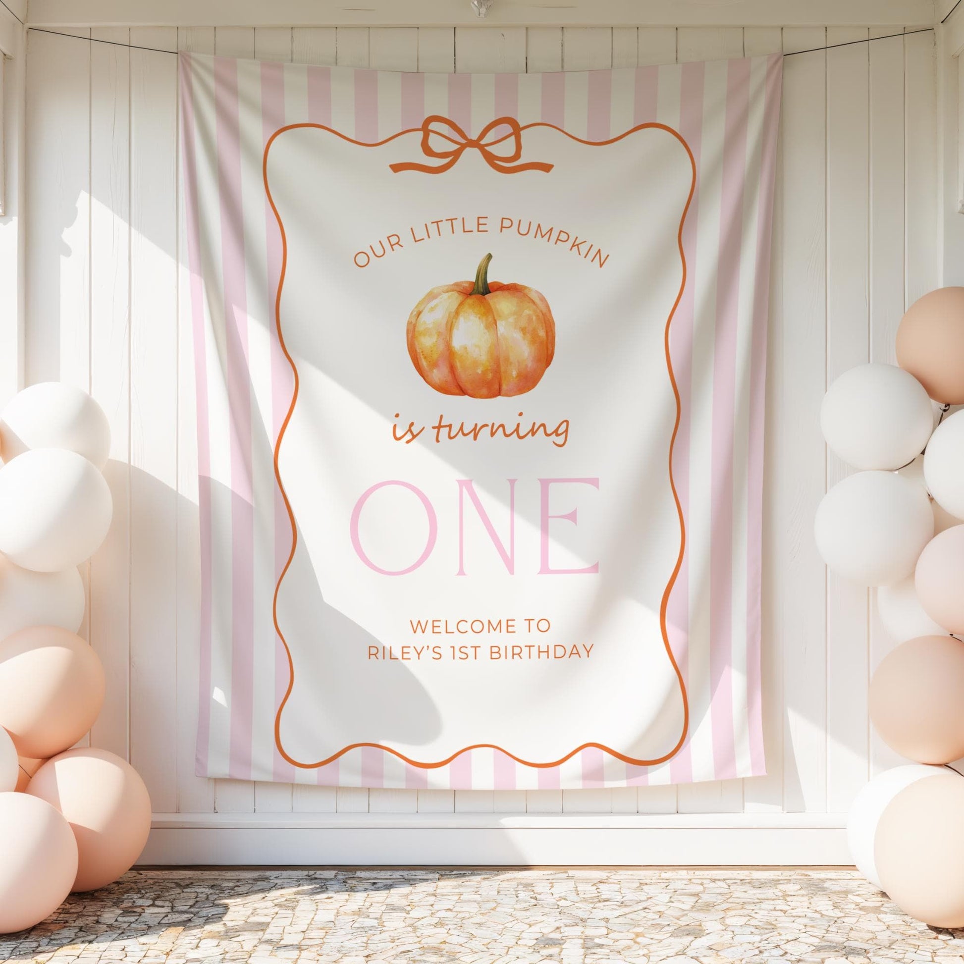 Our Little Pumpkin is Turning One First Birthday Girl Invitation, Pink Bow Birthday Invitation for Fall, Grandmillennial Stripes 1st Bday