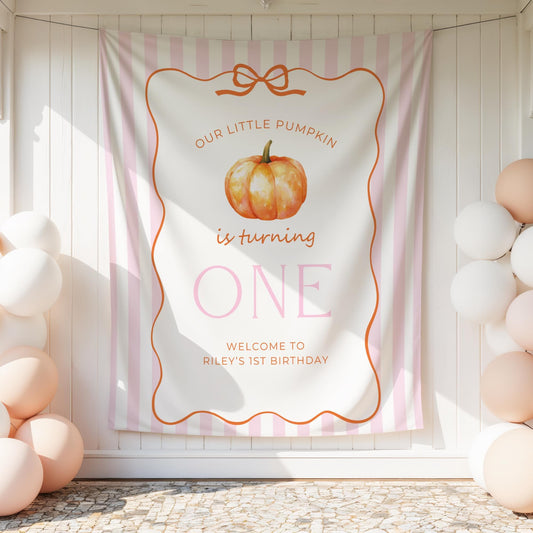 Our Little Pumpkin is Turning One First Birthday Girl Invitation, Pink Bow Birthday Invitation for Fall, Grandmillennial Stripes 1st Bday
