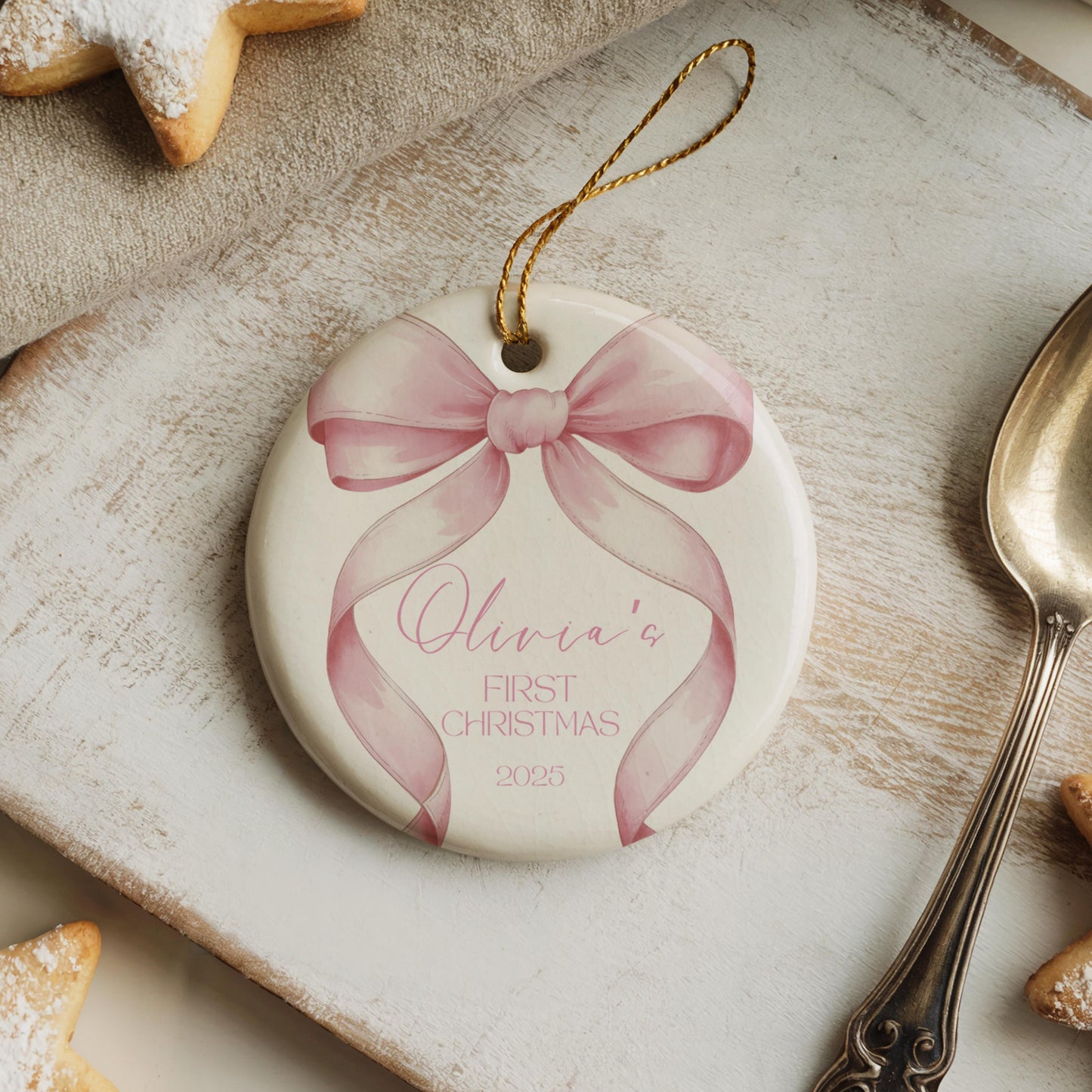 Pink Bow Baby&#39;s First Christmas Ornament, Unique Keepsake Gift for Baby Girl, 2025 Holiday Decor