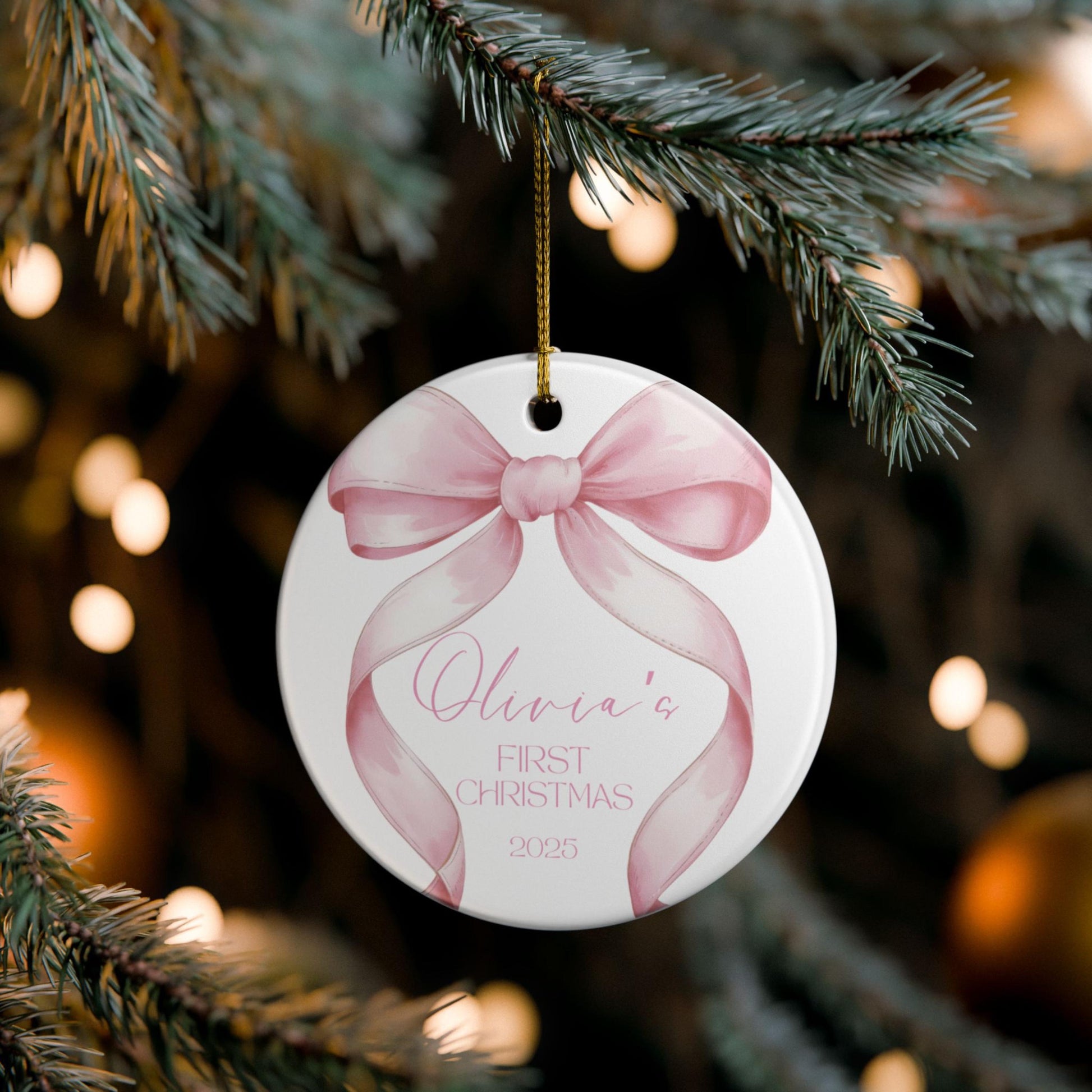 Pink Bow Baby&#39;s First Christmas Ornament, Special Keepsake for Baby Girl, 2025 Holiday Gift