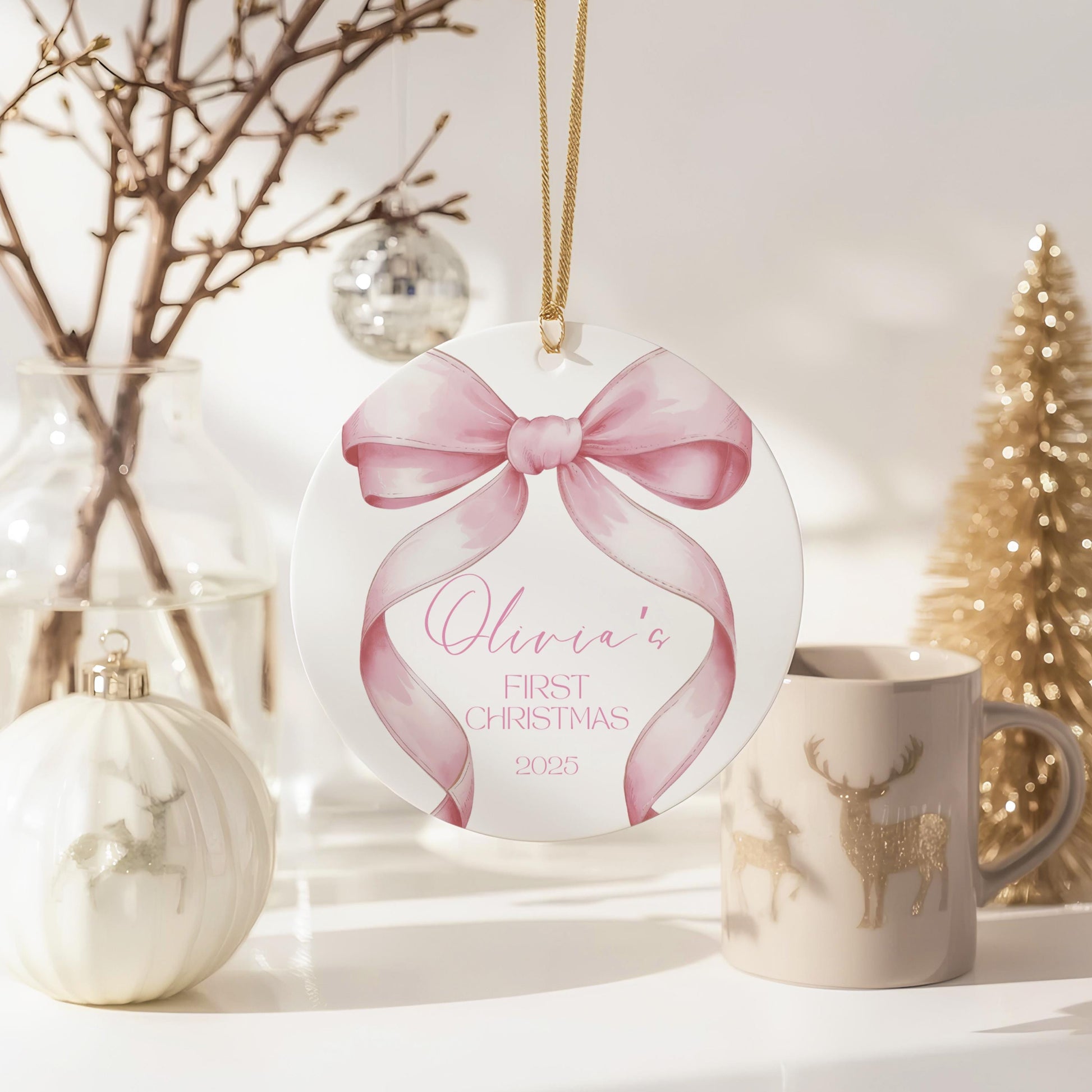 Pink Bow Baby&#39;s First Christmas Ornament, Personalized Holiday Keepsake, Baby Girl Gift, 2025