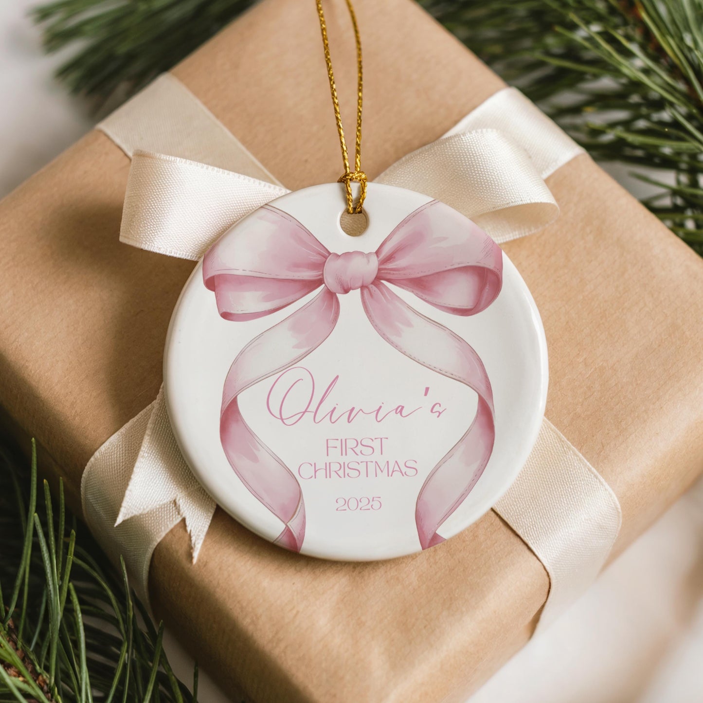 Baby&#39;s First Christmas Ornament Girl Personalized Pink Bow Keepsake Christmas Ornament First Christmas Keepsake New Baby Ornament Gift