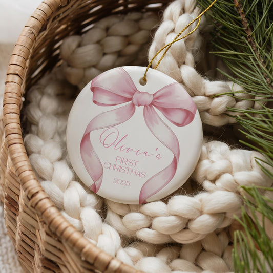 Pink Bow Baby&#39;s First Christmas Ornament, Personalized Keepsake Gift, Baby Girl Holiday Decor, 2025