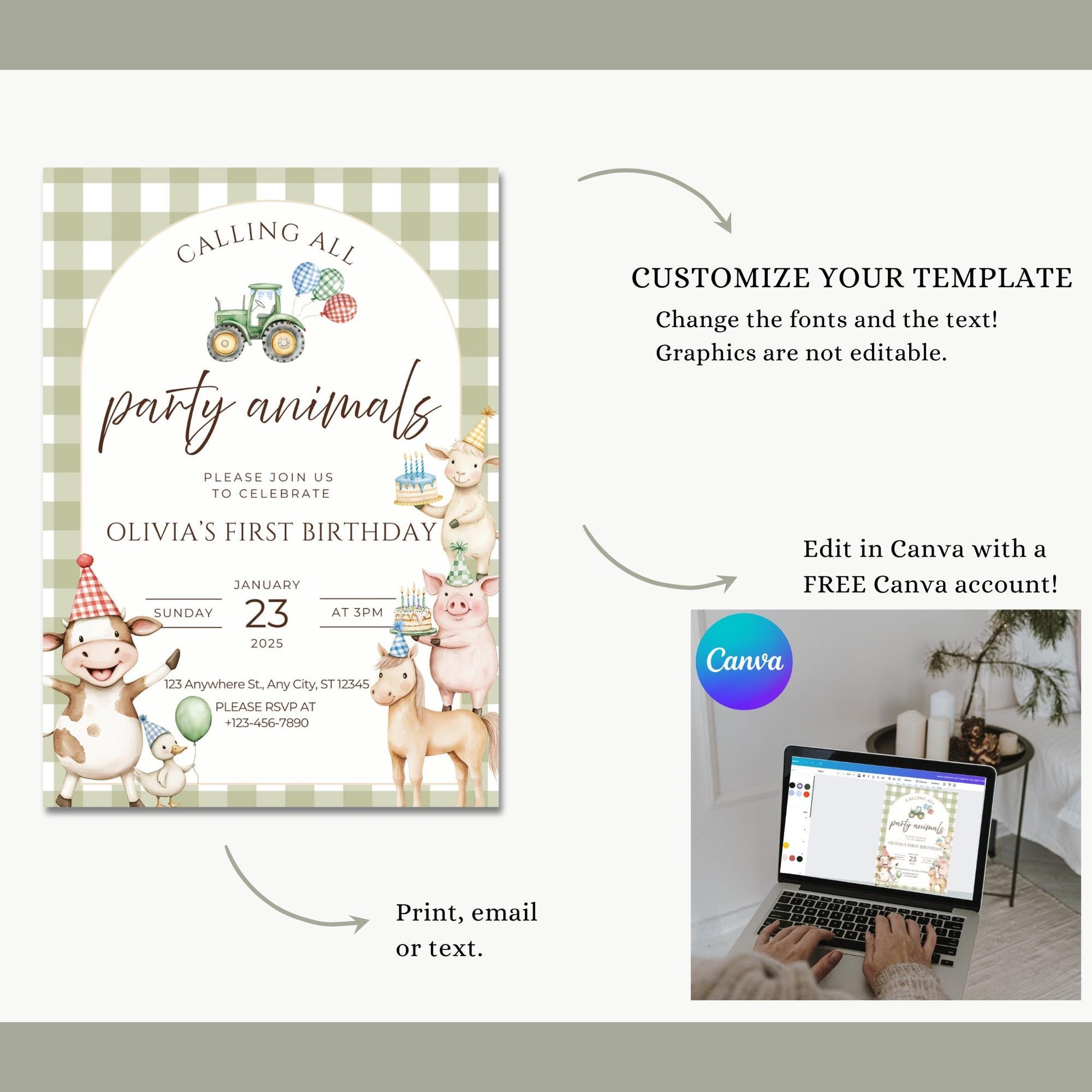 Farm Animals Birthday Party Template Barnyard Party Invitation Farm Birthday Invitation Digital Download Watercolor Animal Design with Party Hats Tractor Element Custom Text Layout Party Animals Birthday Country Birthday Party Theme First Birthday