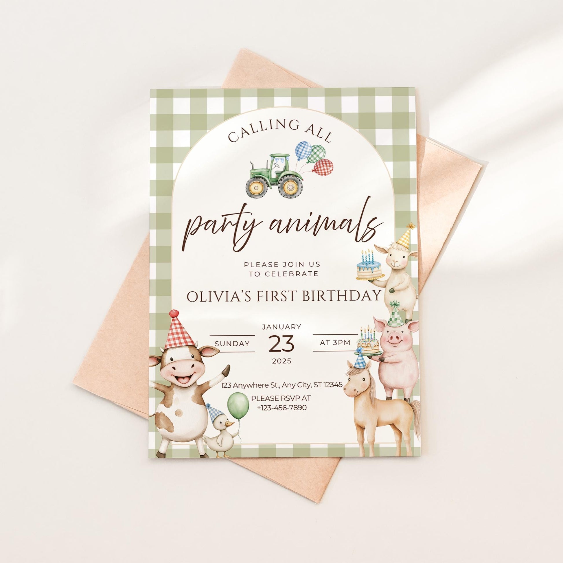 Farm Birthday Invitation Digital Template Party Animals Birthday Barnyard Party Design Watercolor Animal Collection Party Hat Details Green Tractor Theme Gingham Background Pattern Customizable Text Layout Perfect First Birthday Party