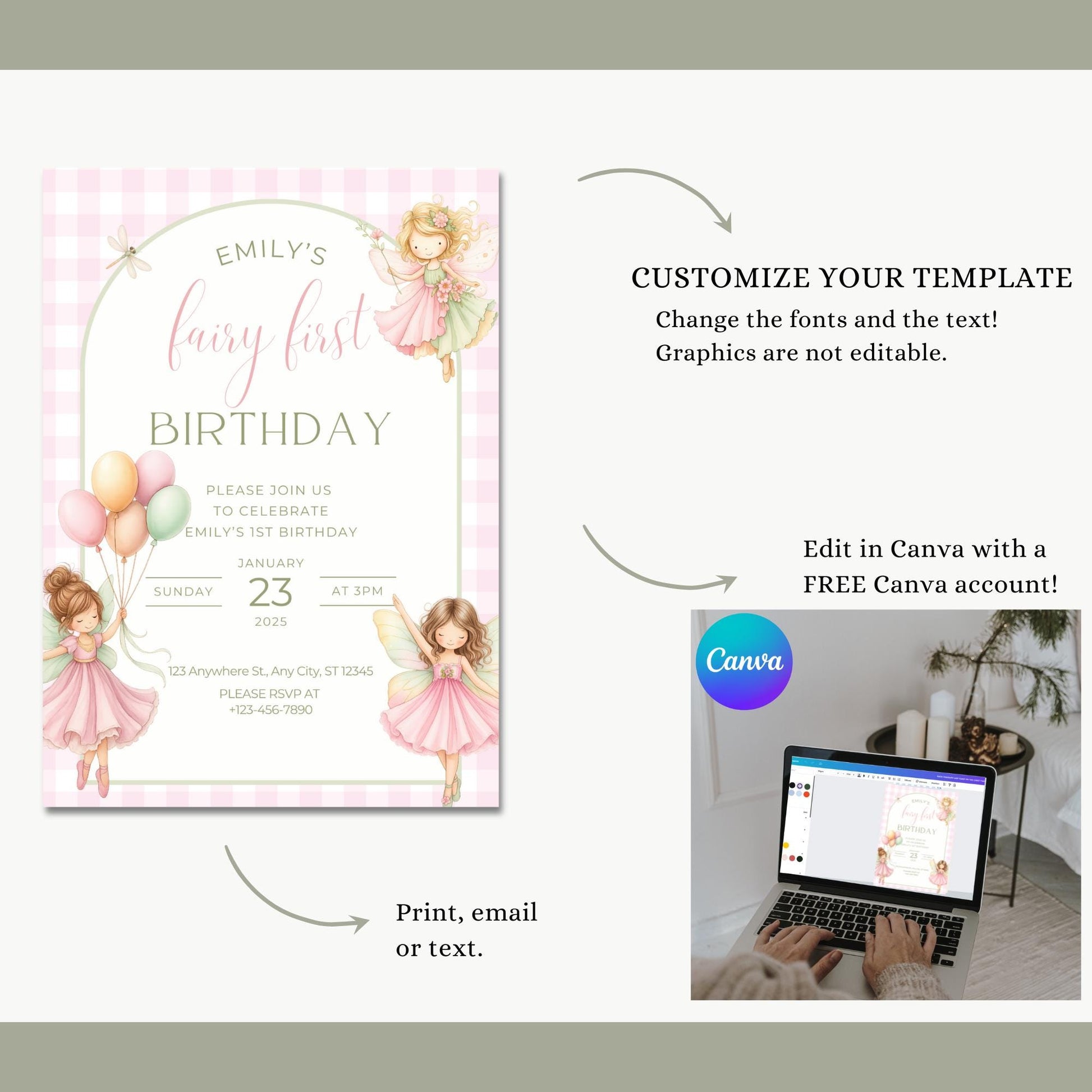 Fairy First Birthday Invitation Girl, Enchanted Garden Fairy Invitation, Fairy First Invite, Wildflower Fairy Birthday Invitation