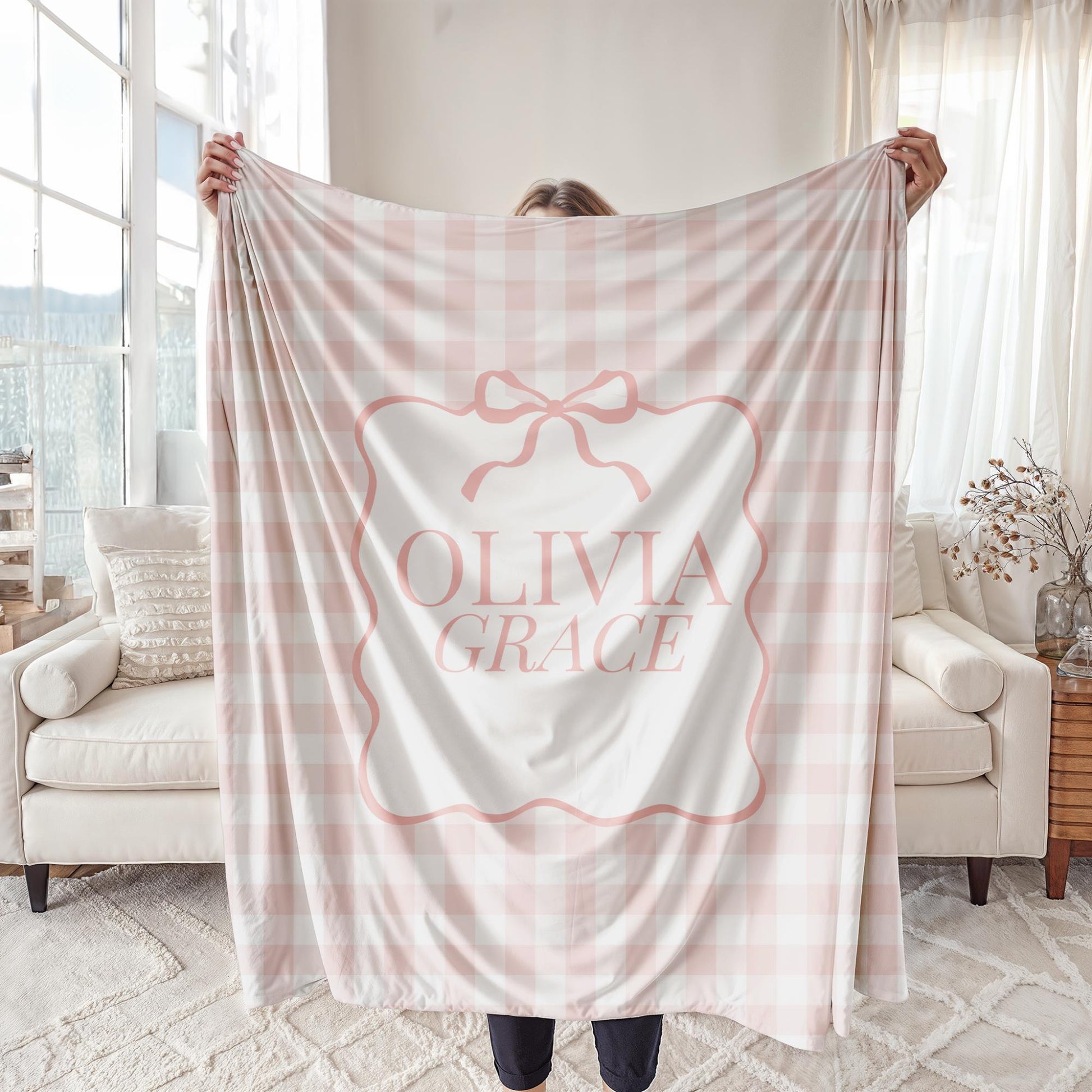 Custom Gingham Fleece Blanket for Girl, Personalized Name with Coquette Bow, Perfect Gift