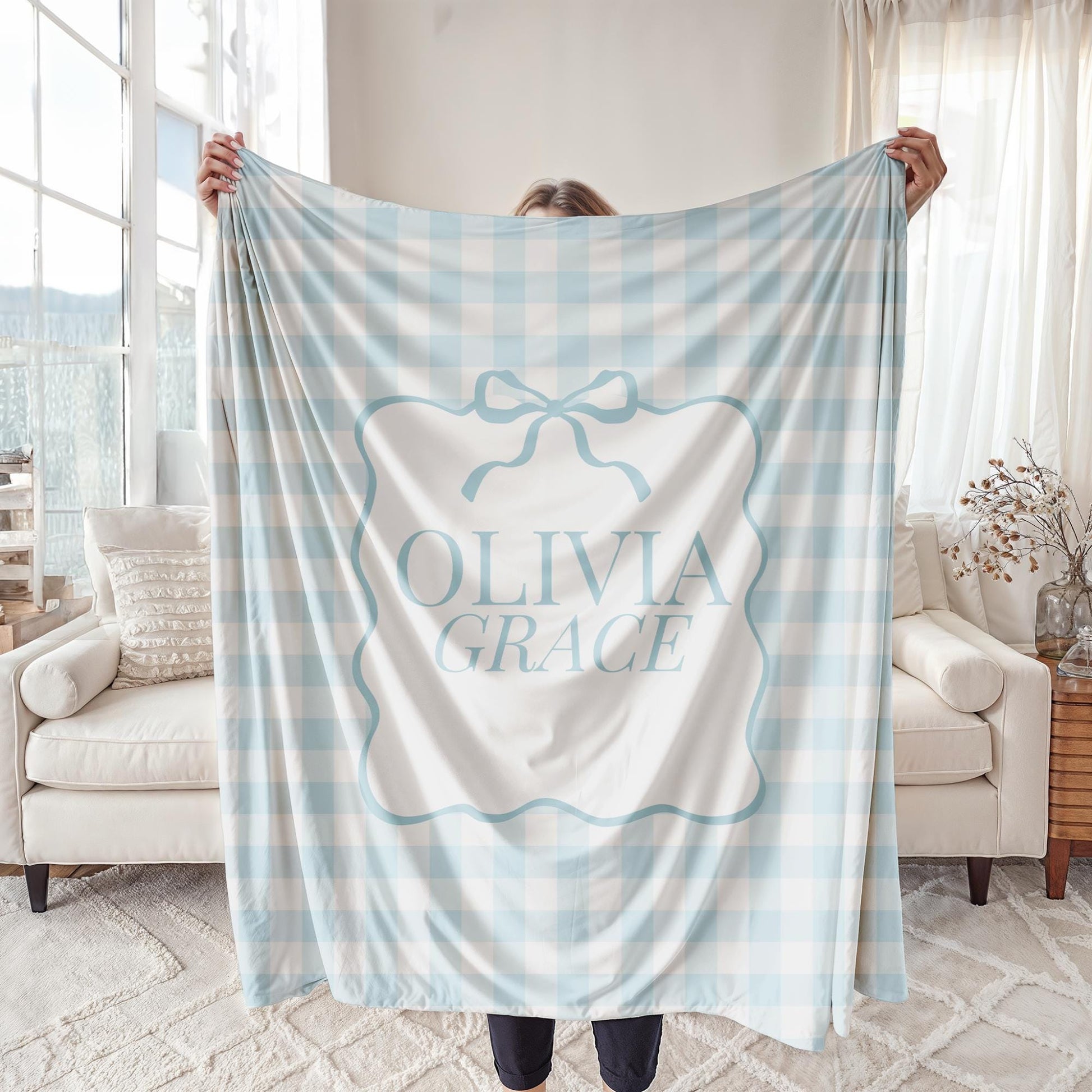Gingham Personalized Fleece Blanket for Girl, Custom Name with Coquette Bow Gift