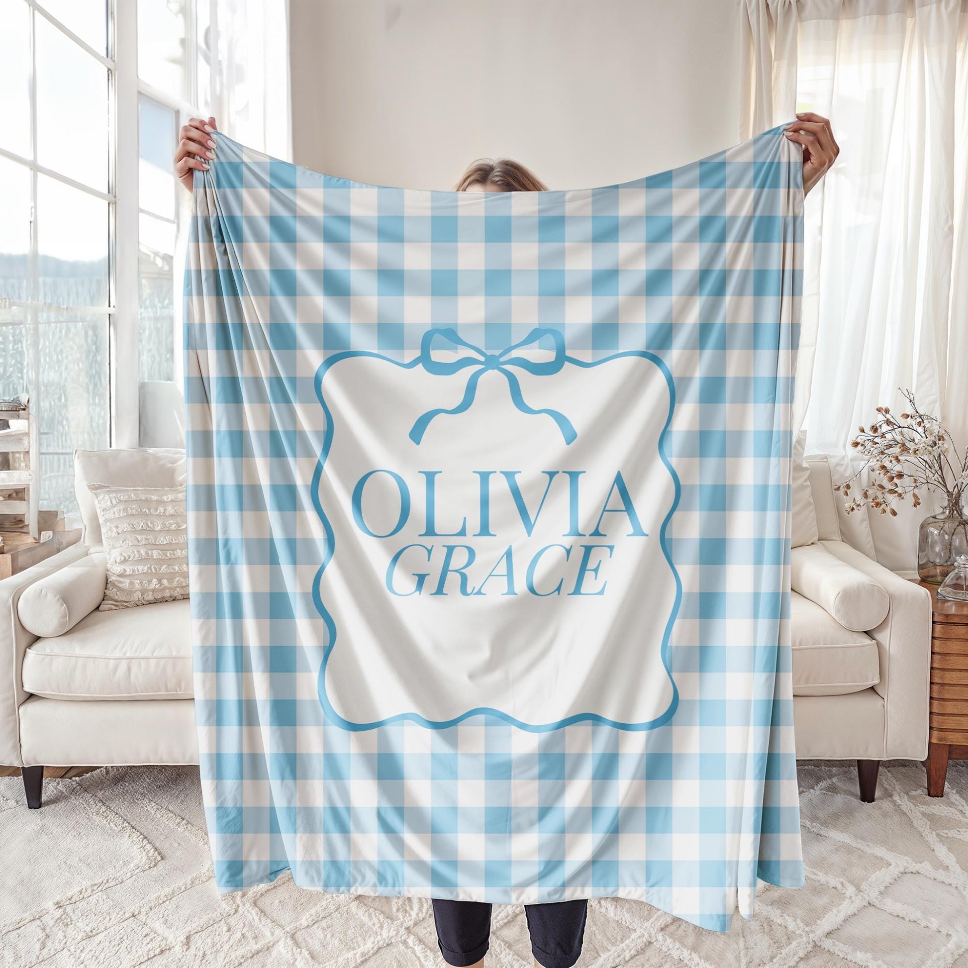 Fleece Blanket for Girl, Personalized Name with Gingham and Coquette Bow, Custom Gift Idea