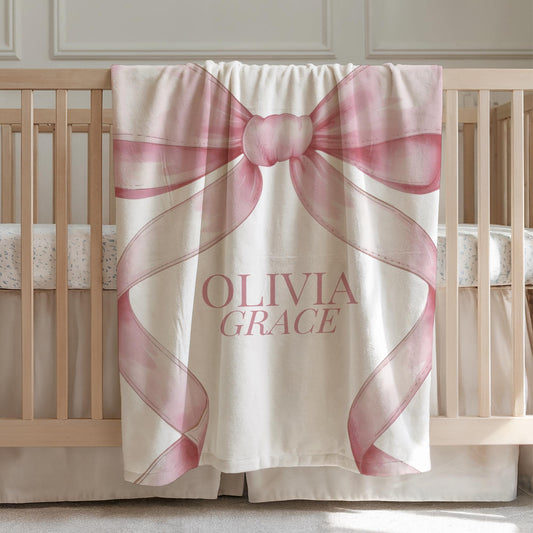 Pink Bow Personalized Blanket Baby Girl Coquette Blanket Gingham Baby Blanket Custom Baby Gift Girl Baby Shower Gift New Baby Girl Gift